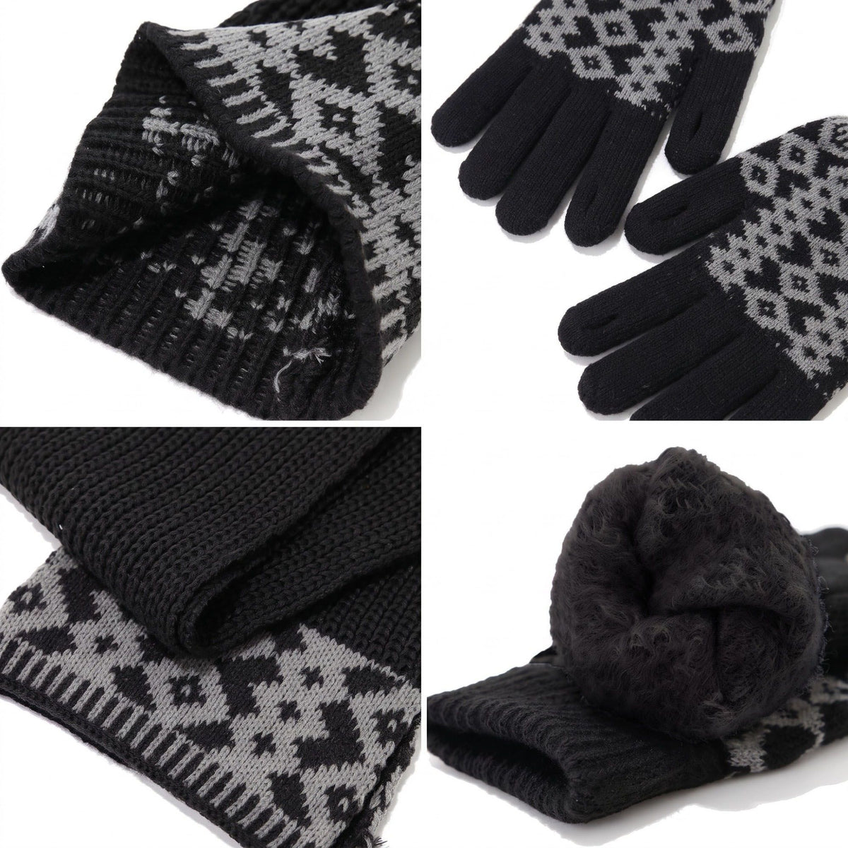 3 Piece Knit Winter Hat Scarf and Gloves Set with Geometric Pattern