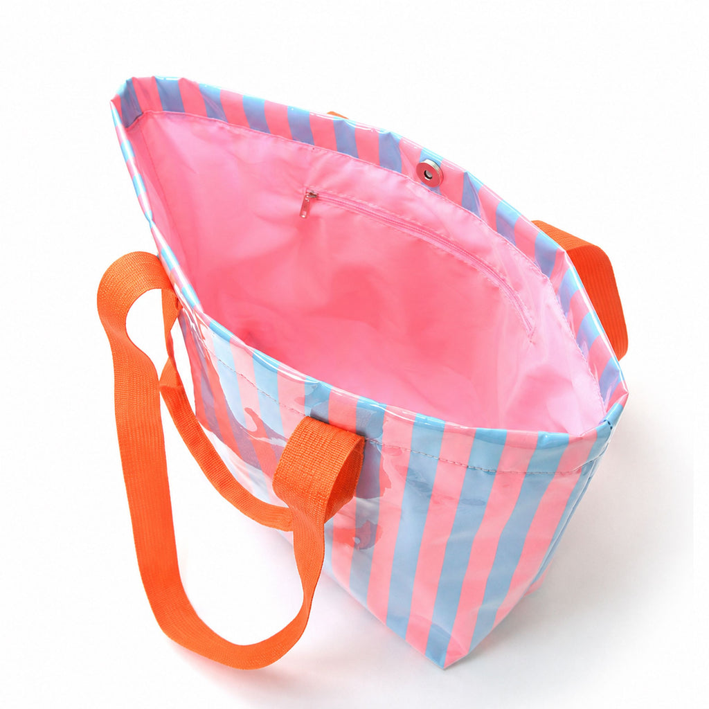 Striped PVC Beach Tote Bag with Magnetic Closure and Zip Pocket