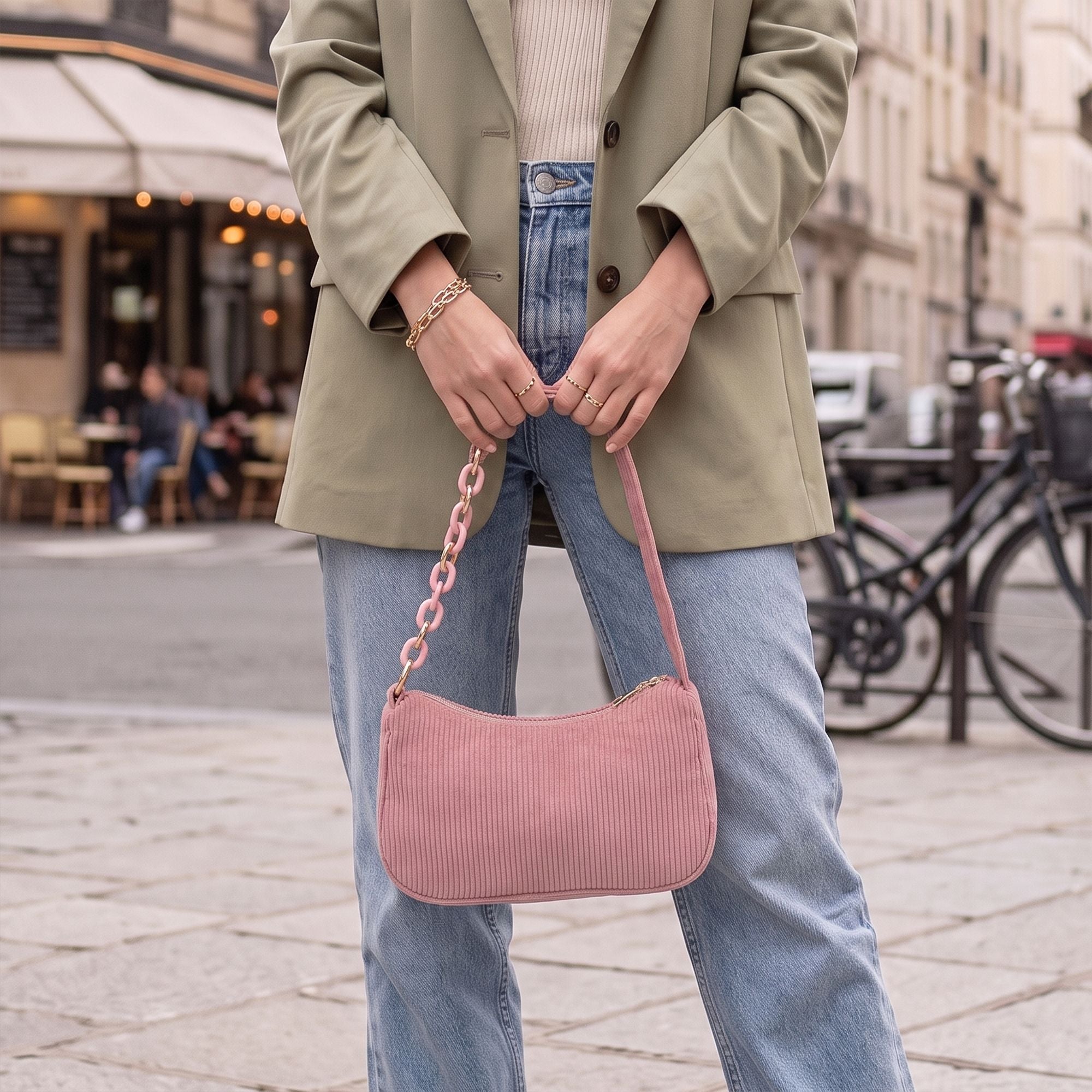 Small Corduroy Shoulder Bag with Mixed Chain Strap and Zip Closure