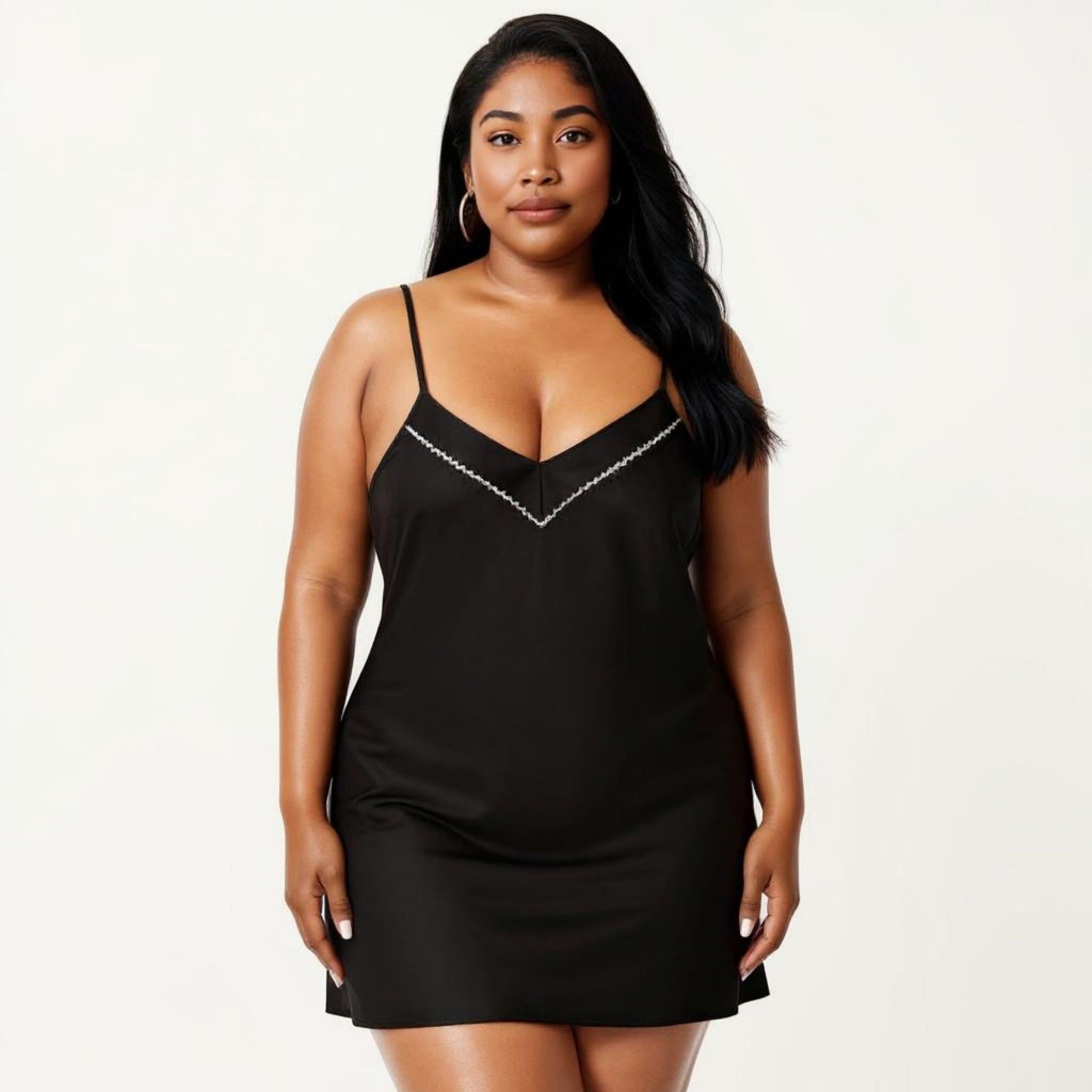 Anna-Kaci Lounge Women's Plus Size V Neck Slip Nightgown Contrast Trim Spaghetti Strap Soft Satin Sleep Dress Short Chemise