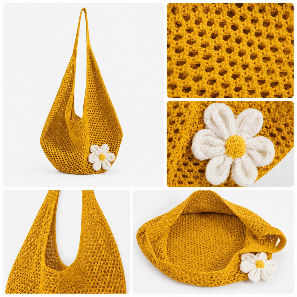 Flower Detail Woven Tote Bag for Women - Lightweight Summer Shoulder Bag for Vacation