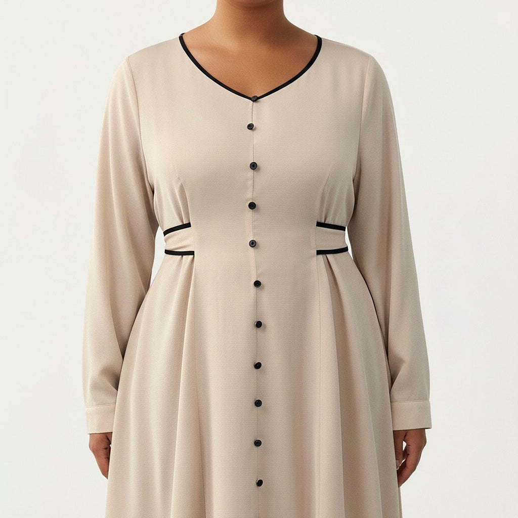 Anna-Kaci Women's Plus Size Long Sleeve Button Front Maxi Dress with V Neckline Contrast Trim and Defined Waist Detail