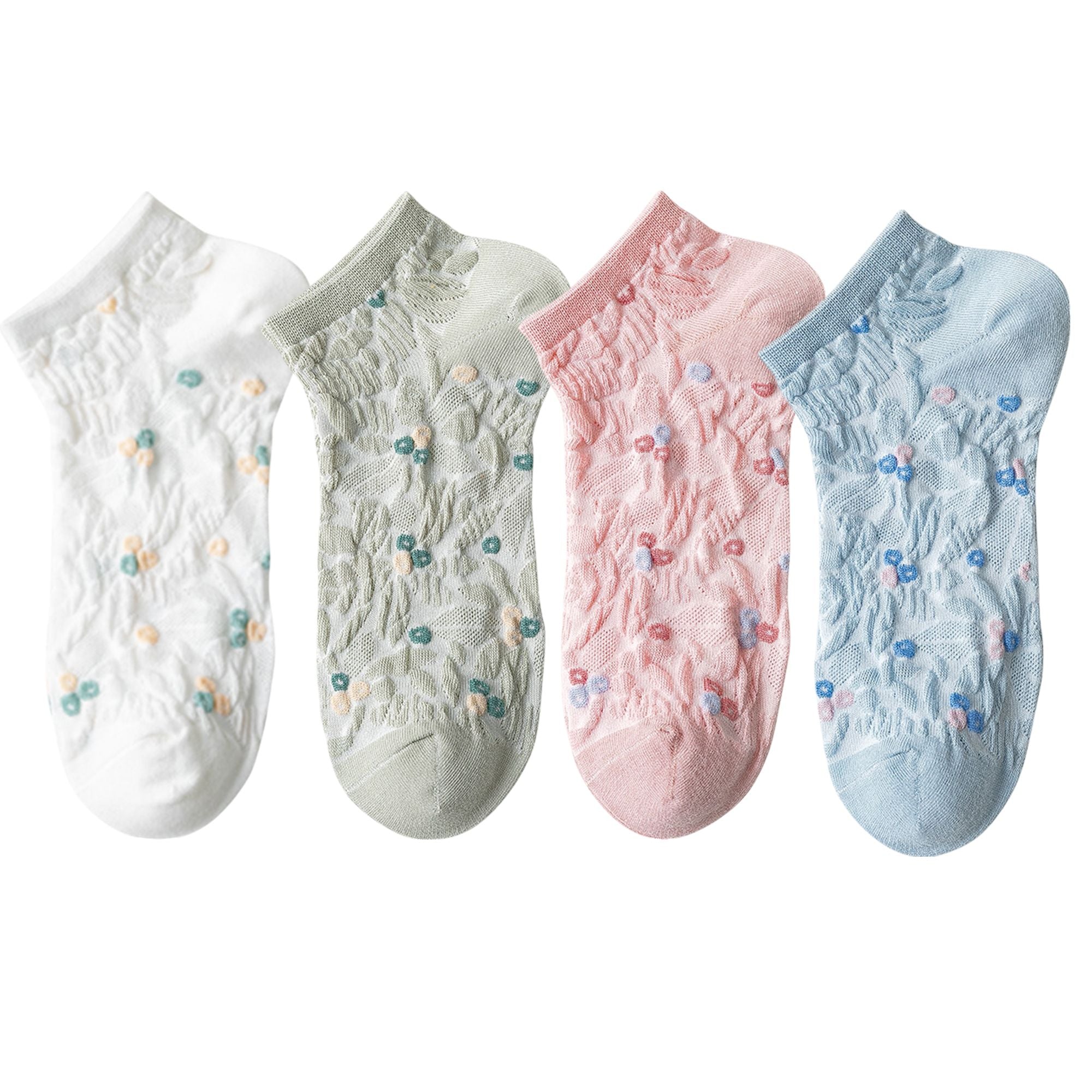Anna-Kaci 4 Pairs Women's Low-Cut Floral Embroidered Socks Soft Combed Cotton Breathable Fit for Sneakers Flats and Everyday Casual Wear