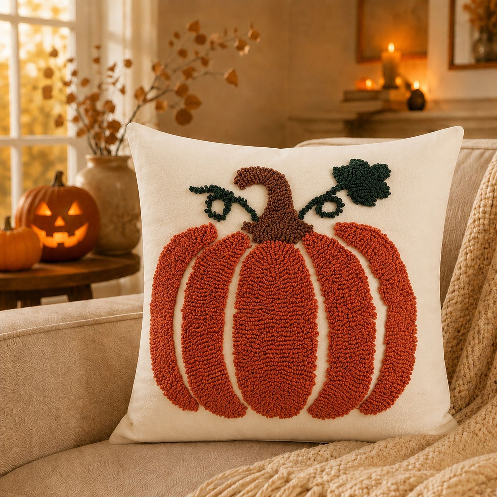 Tufted Pumpkin Throw Pillow Cover for Fall and Thanksgiving Decor