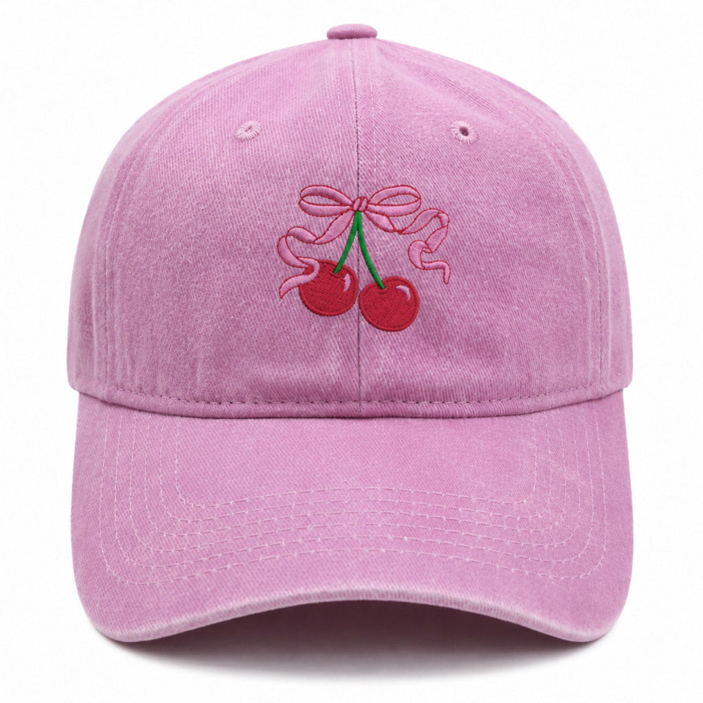 Washed Cotton Baseball Cap Cherry Bow Embroidered Adjustable Dad Hat