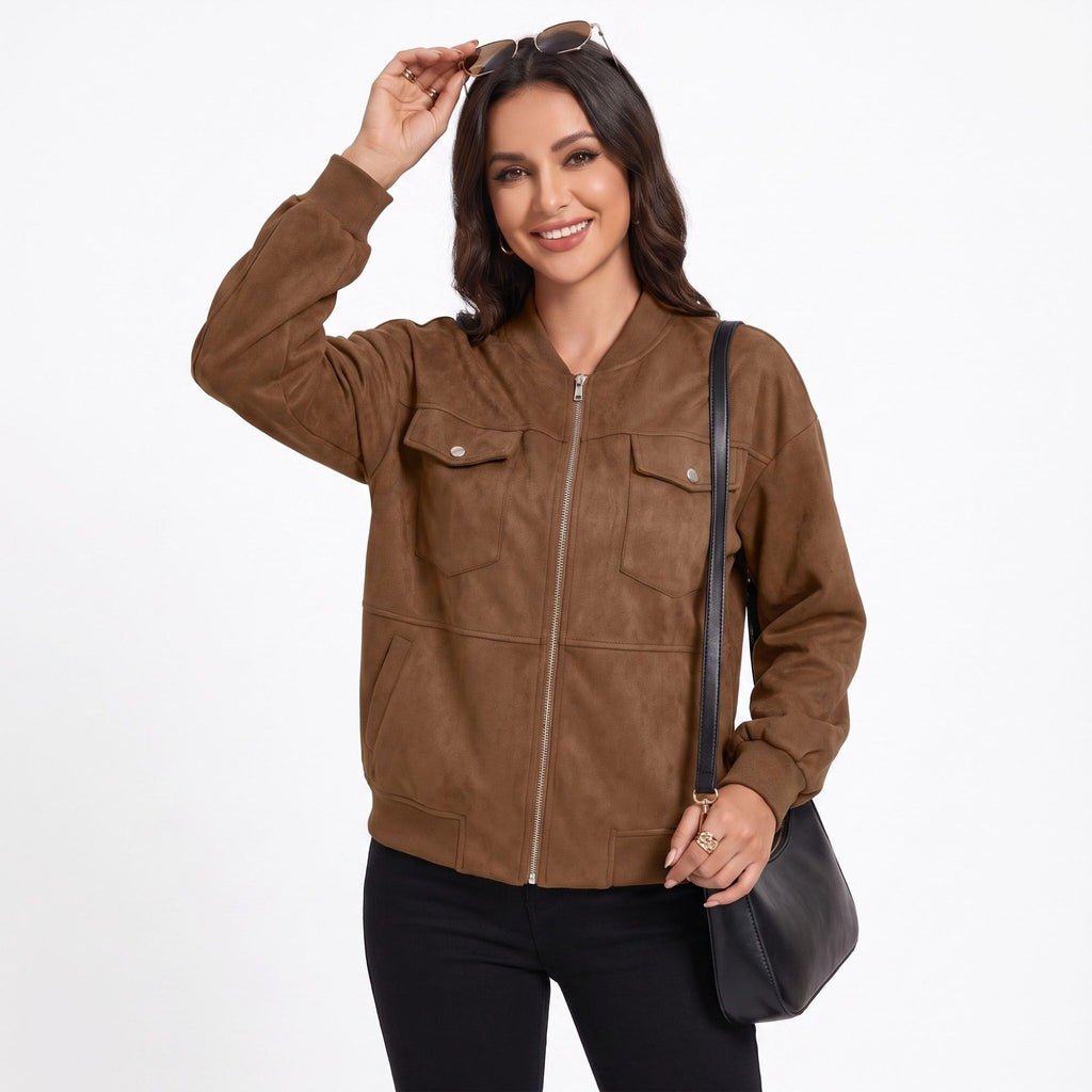 Bomber Jacket Zip Front Ribbed Trim Chest Pockets Relaxed Fit Long Sleeve