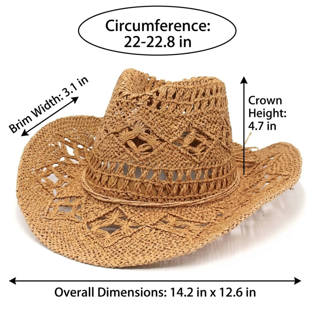 Open Weave Western Sun Hat with Wide Brim and Boho Floral Pattern