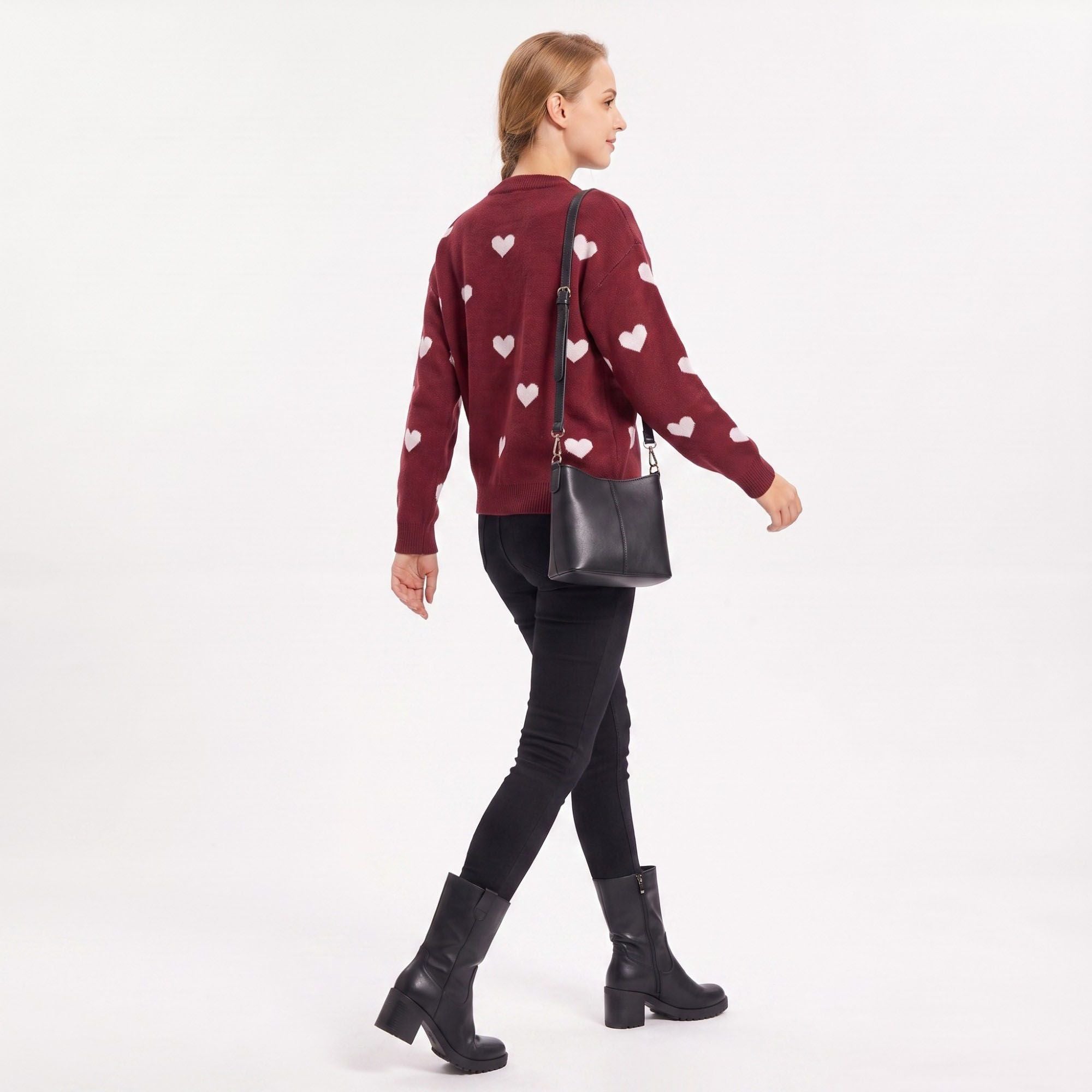 Heart Print Crew Neck Long Sleeve Knit Sweater
