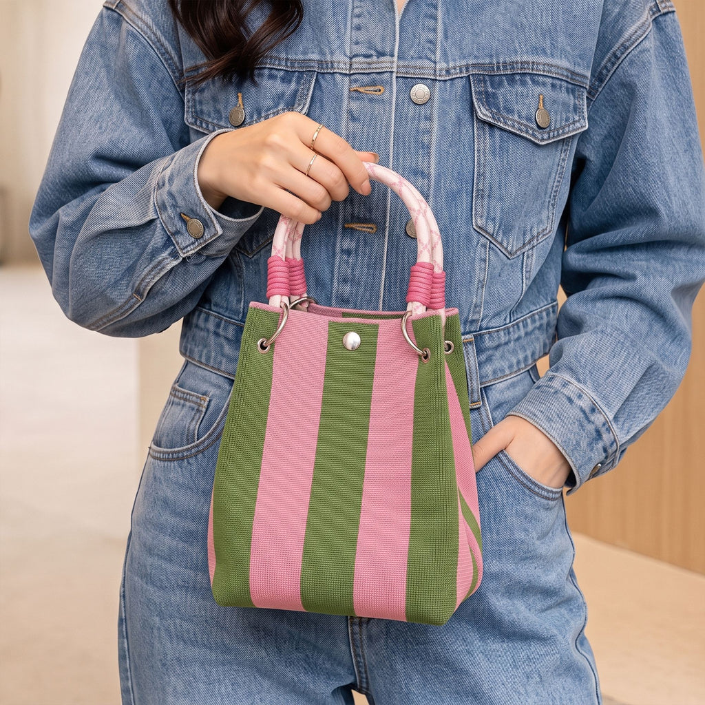 Small Striped Knit Bucket Bag with Rope Handles and Snap Closure