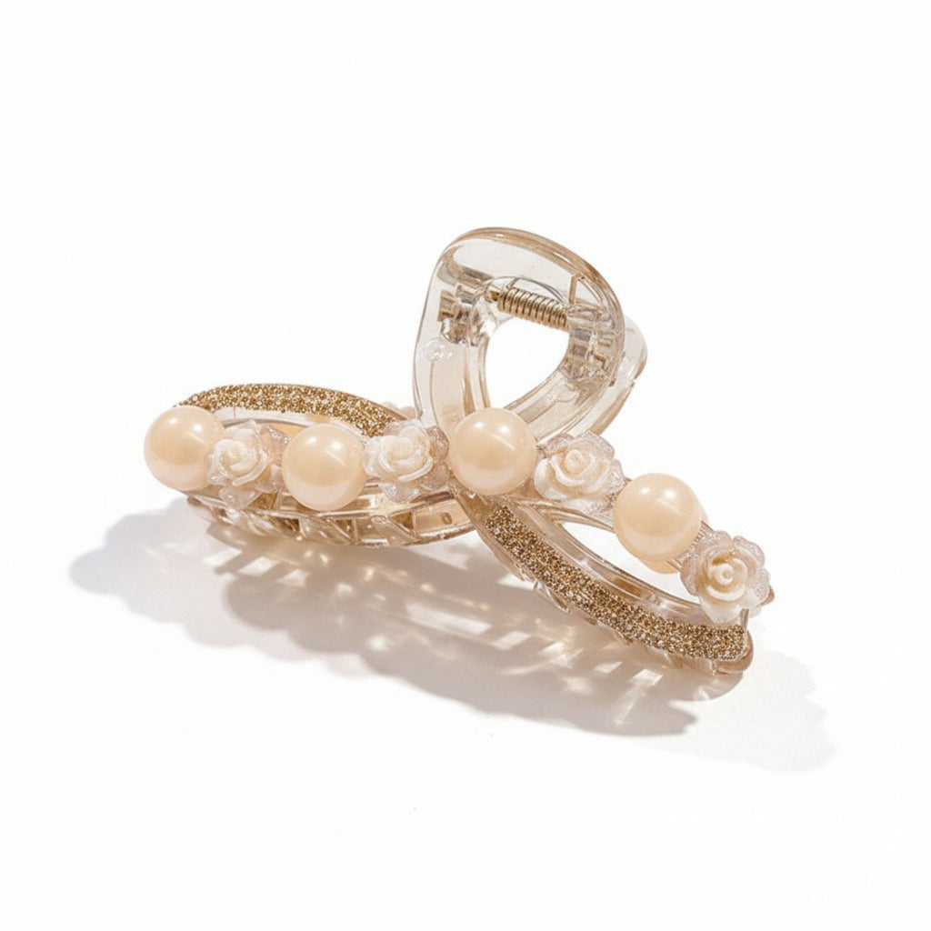 Beaded Flower Metal Hair Claw Clip with Curved Design and Textured Accents