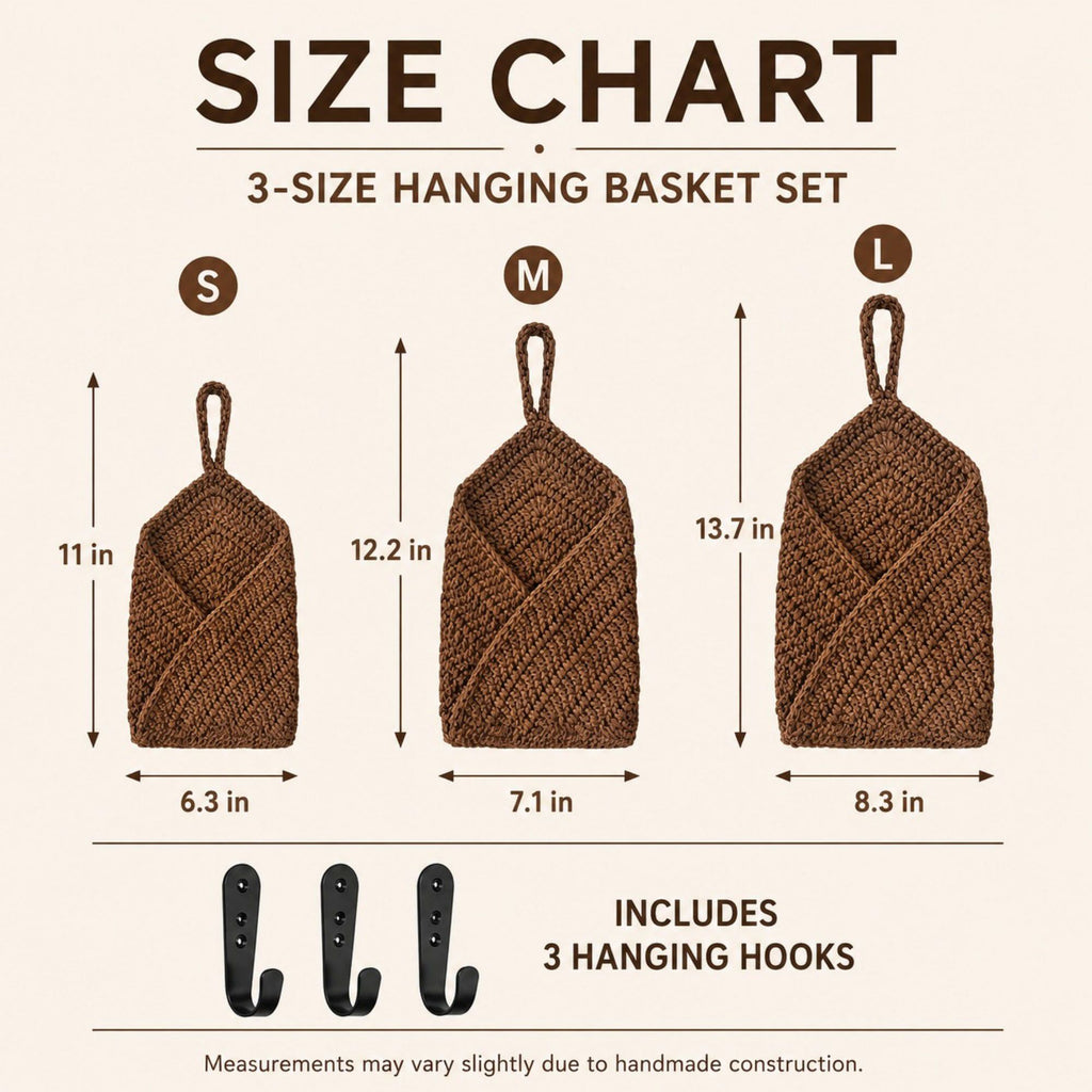 Woven Cotton Rope Hanging Basket Set Wall Storage Organizer with Hooks