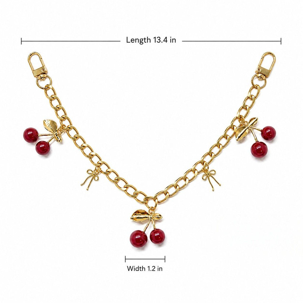 Cherry Charm Decorative Bag Chain with Double Clasps and Gold-Tone Hardware