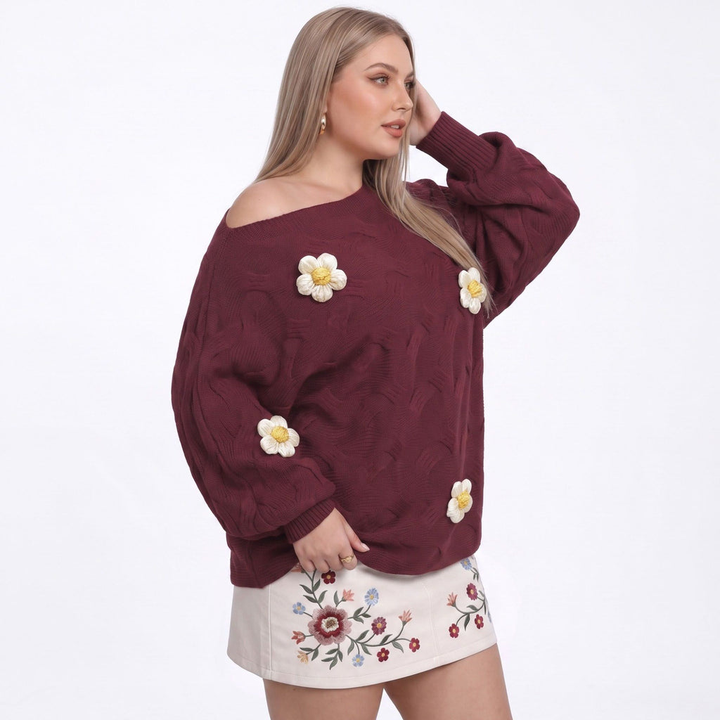 Plus Size Burgundy Off-Shoulder Floral Cable Knit Sweater