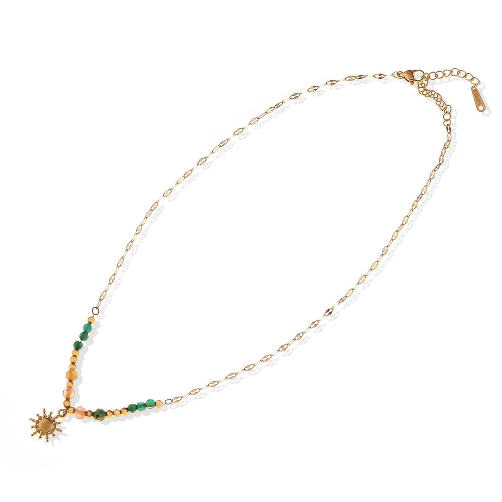 Women's Stainless Steel Beaded Necklace with 18K Gold Plated Sun Pendant, Adjustable Chain with Colorful Beads