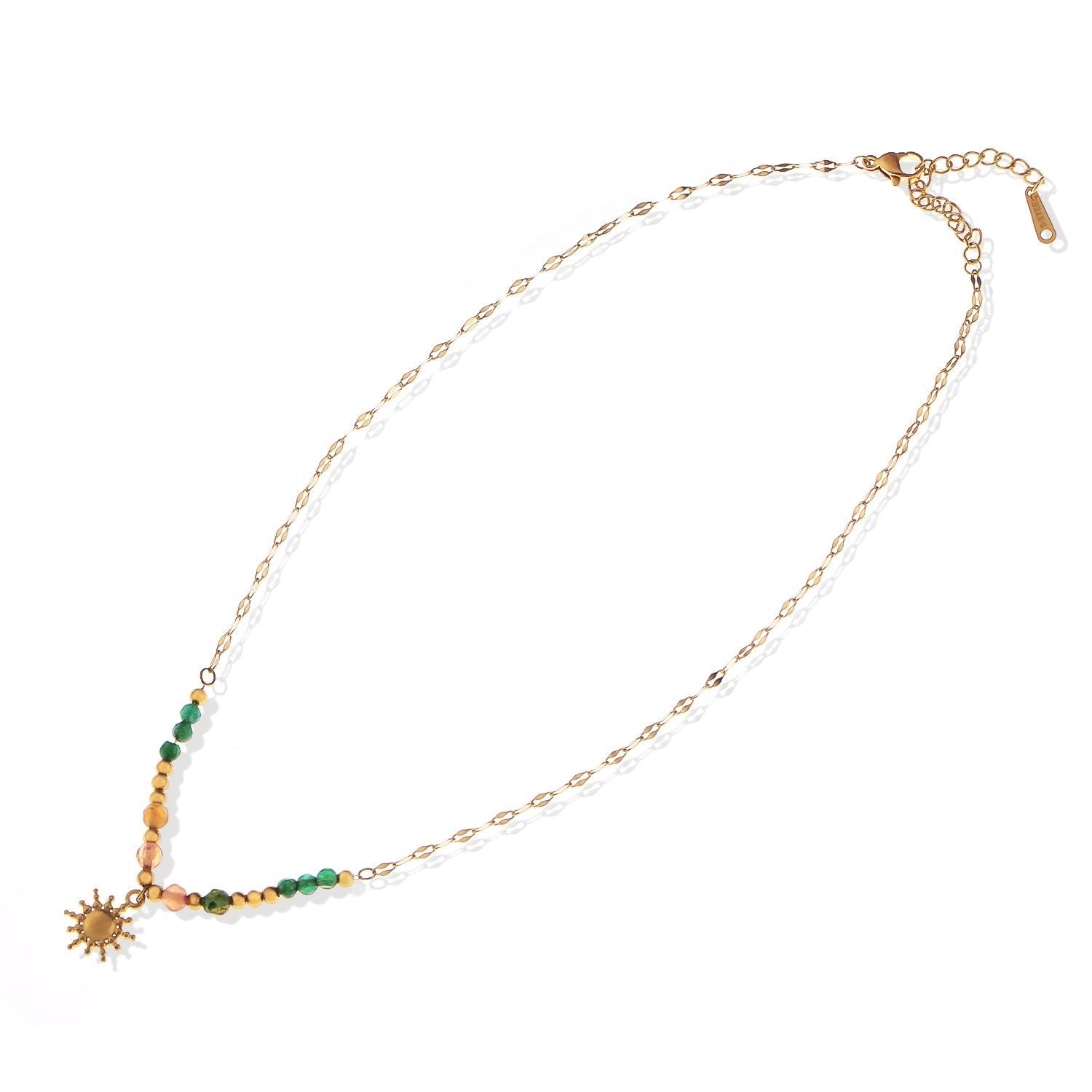 Women's Stainless Steel Beaded Necklace with 18K Gold Plated Sun Pendant, Adjustable Chain with Colorful Beads