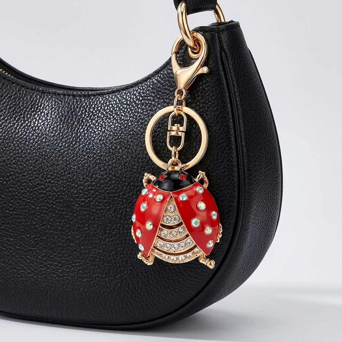 Ladybug Rhinestone Keychain Bag Charm with Lobster Clasp and Key Ring
