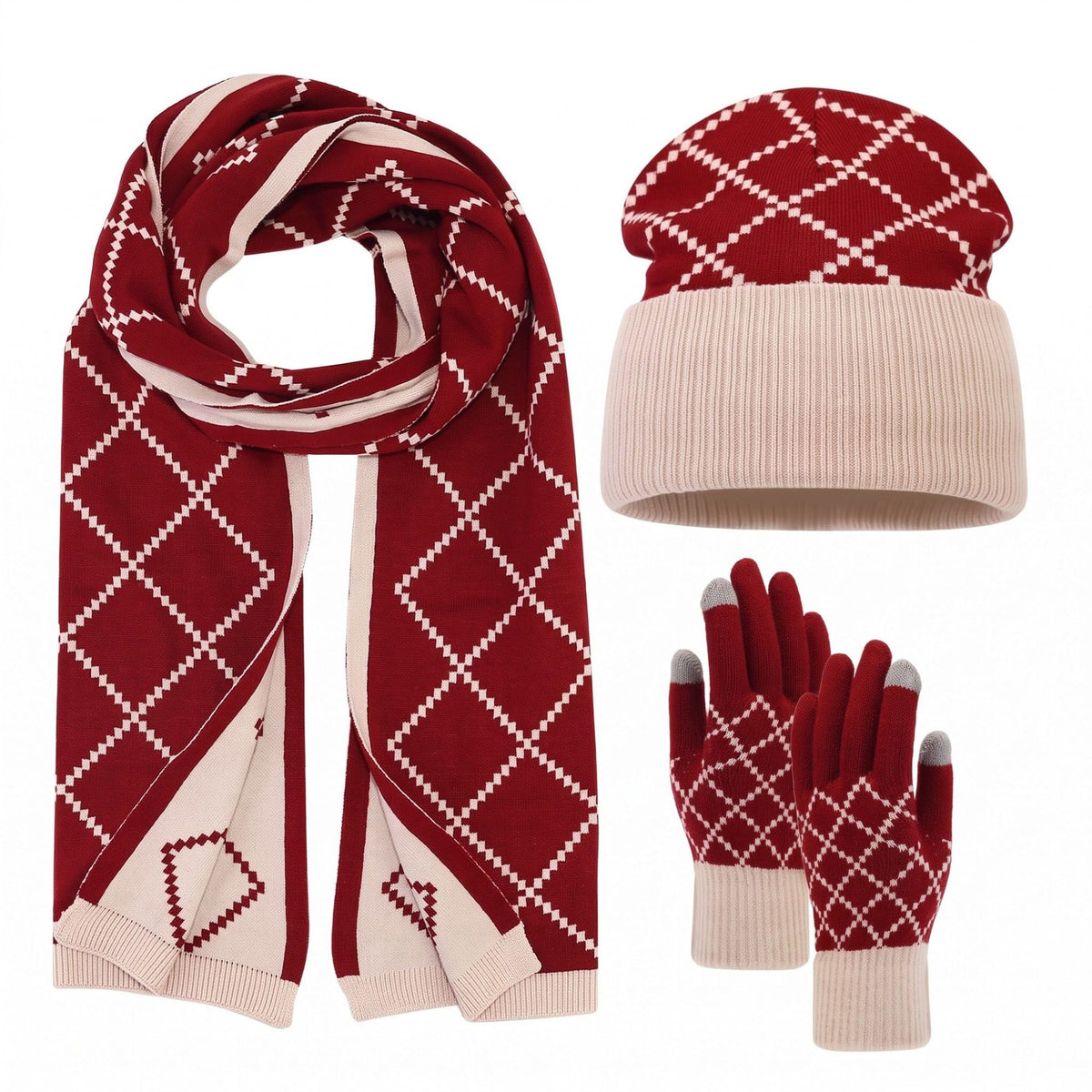 3 Piece Argyle Beanie Scarf and Touchscreen Gloves Winter Set