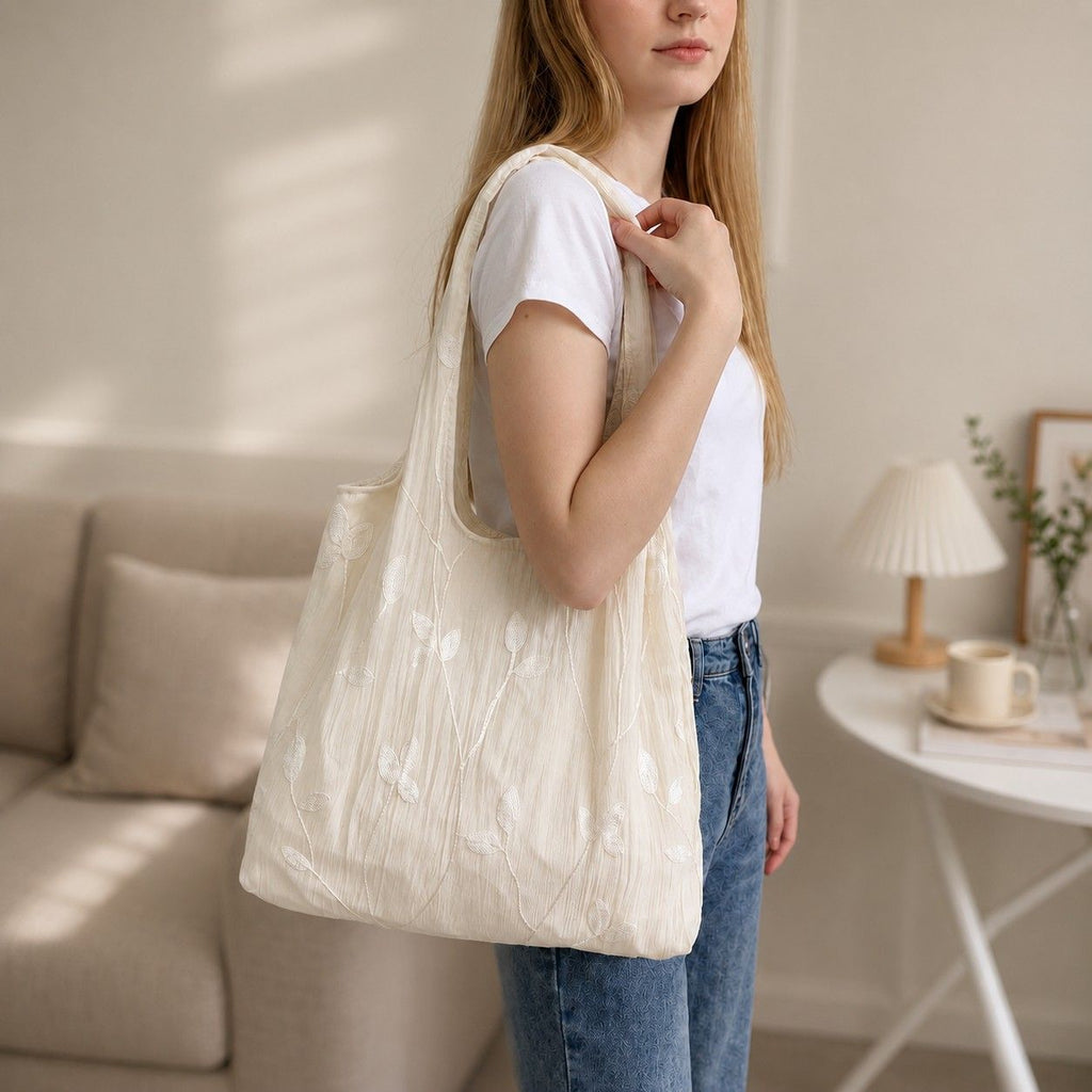 Embroidered Leaf Shoulder Tote Bag Lightweight Foldable Everyday Bag for Women
