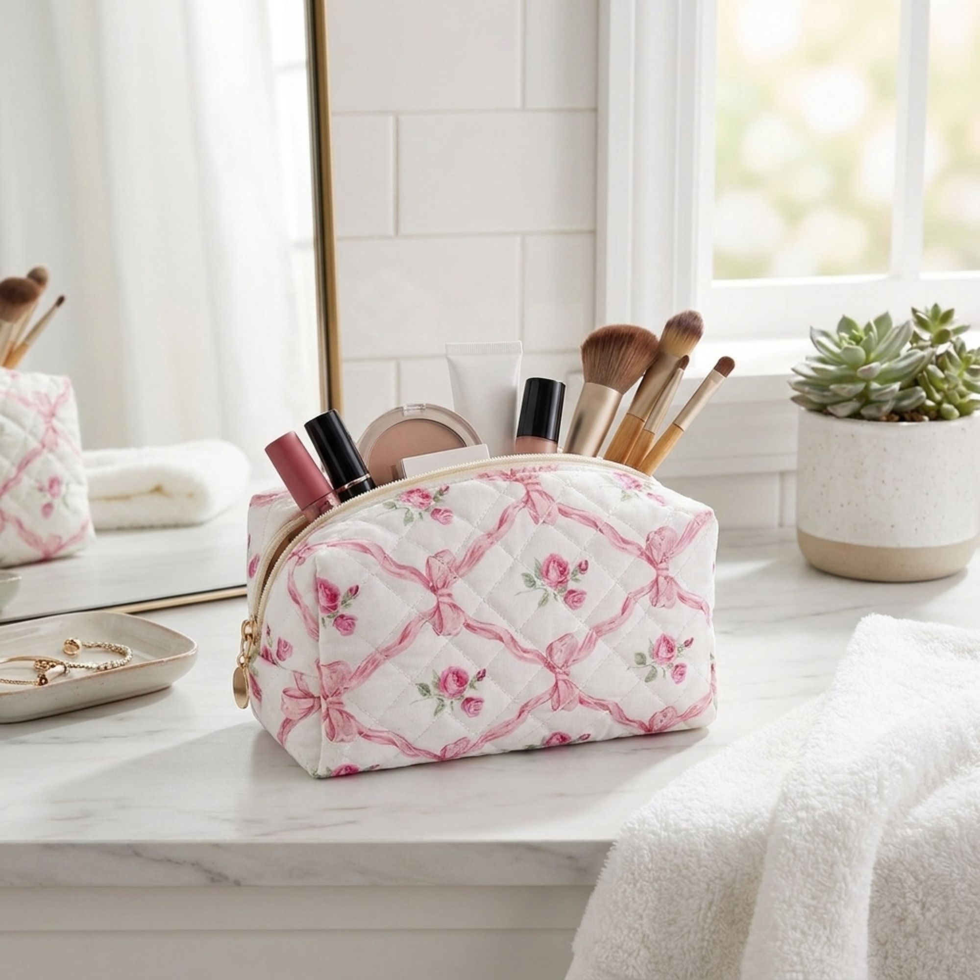 Floral Quilted Makeup Bag Travel Cosmetic Toiletry Pouch with Zipper Closure