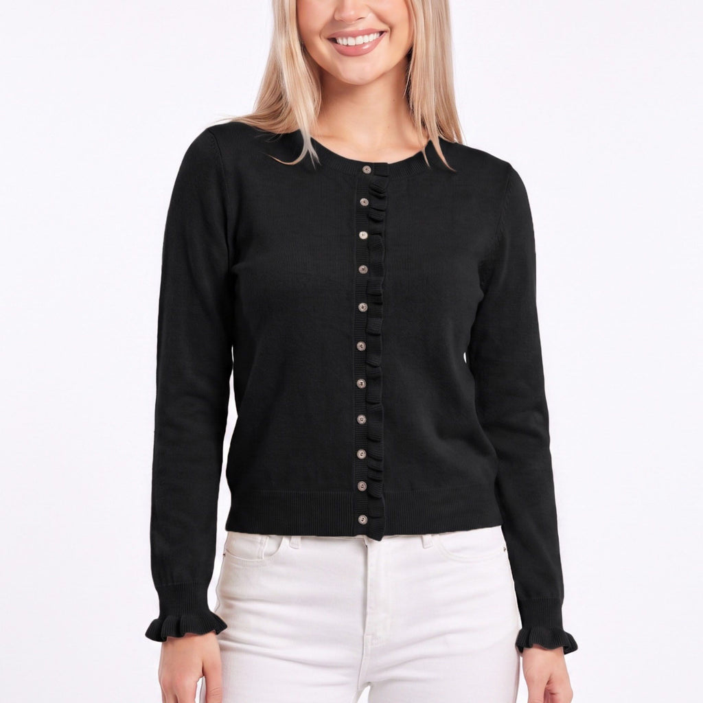 Ruffle Trim Button-Front Knit Cardigan