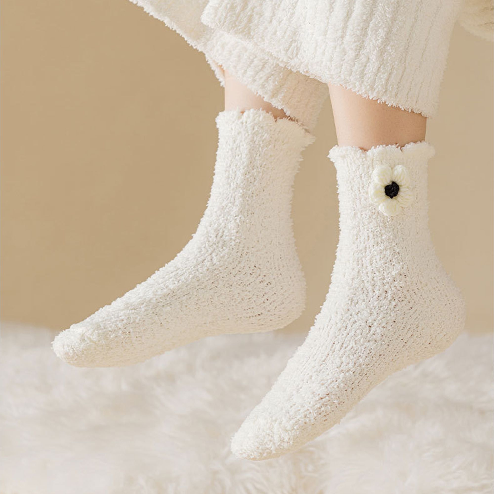 Anna-Kaci 3-Pair Plush Fuzzy Socks with Crochet Flower Detail for Cozy Indoor Wear