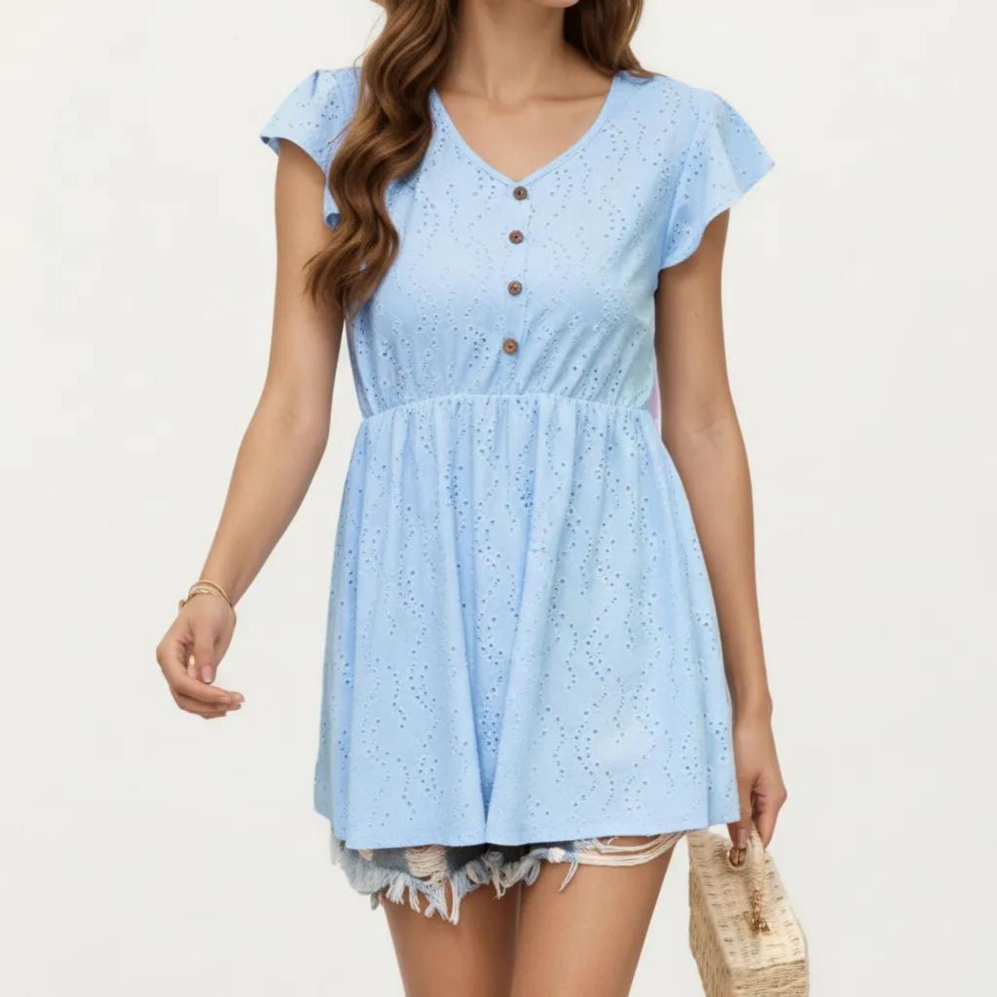 Anna-Kaci Women's Eyelet Babydoll Top with V-Neckline Button Front and Flutter Sleeves
