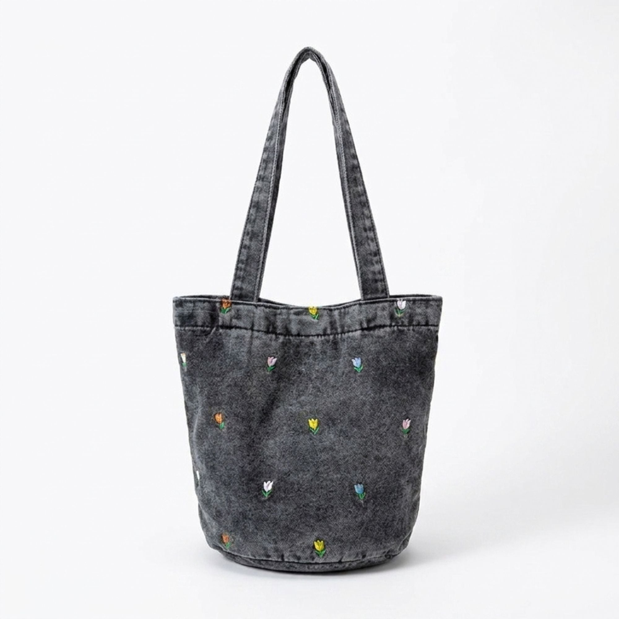 Embroidered Floral Bucket Tote Bag with Shoulder Handles