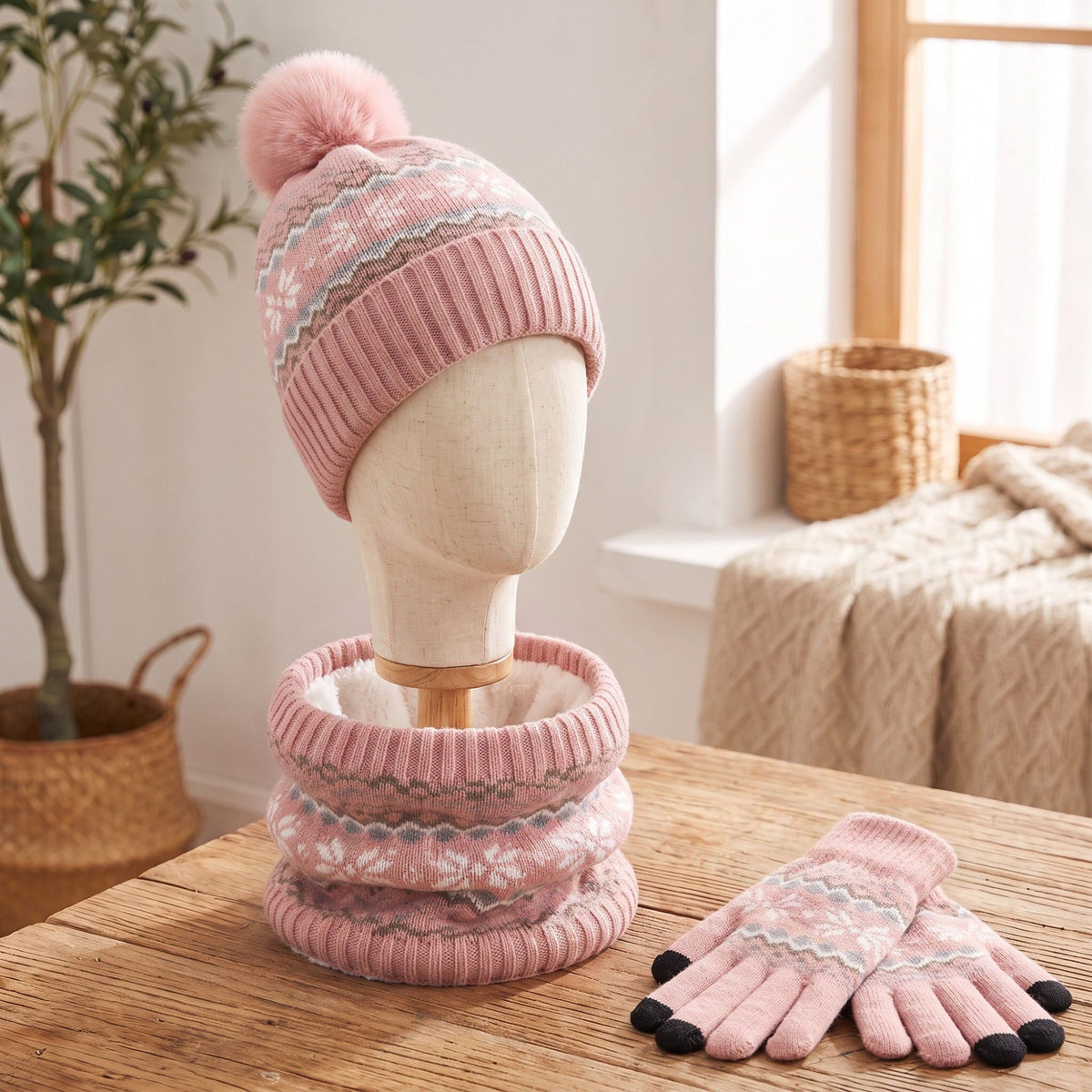 3 Piece Fair Isle Pom Beanie Neck Warmer and Gloves Set
