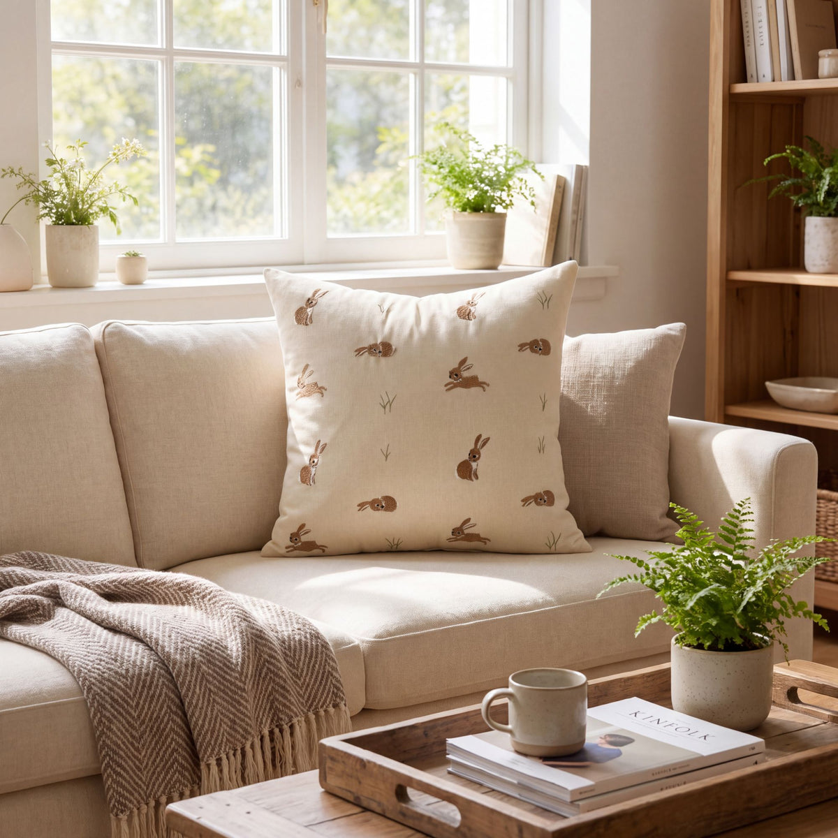 Rabbit Embroidered Throw Pillow Cover Textured Bunny Square Decorative Cushion Cover