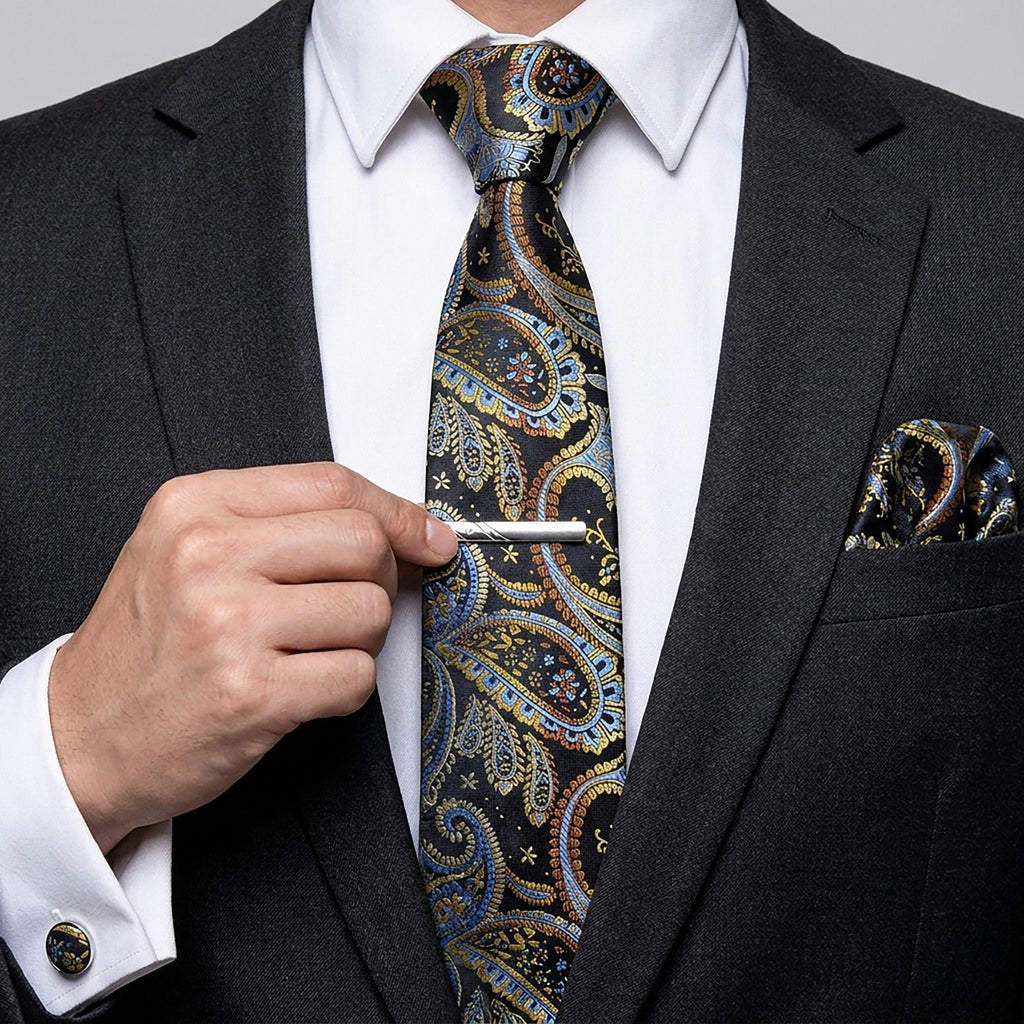 Men's Paisley Pattern Tie Gift Set with Matching Pocket Square Cufflinks and Silver Tie Clip