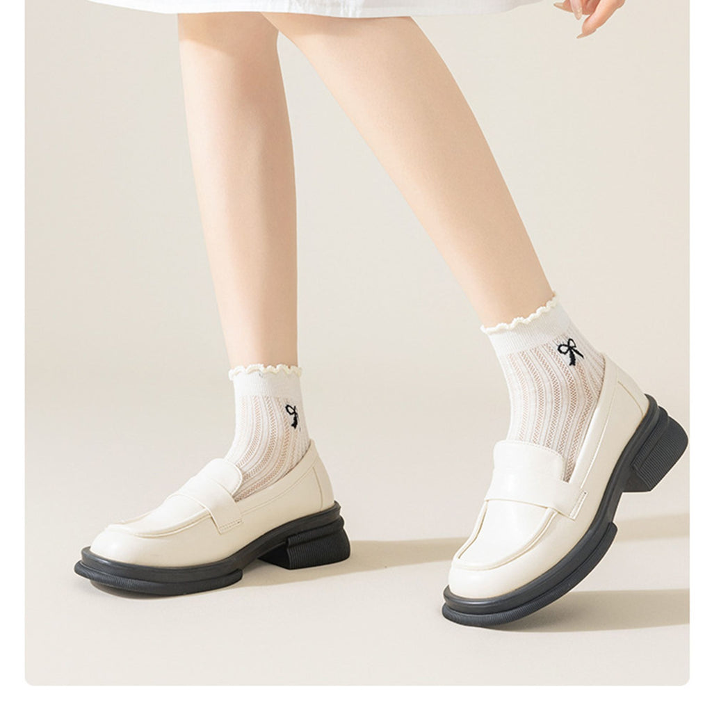 Anna-Kaci Women's 4-Pair Pack Sheer Ribbed Ankle Socks with Ruffled Trim and Embroidered Bow Detail in Multiple Color Combinations