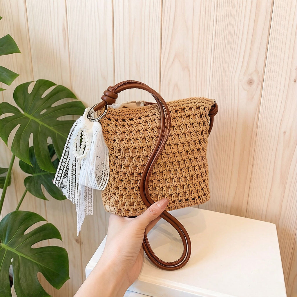 Crochet Crossbody Bag with Lace Bow Detail Lightweight Knit Shoulder Bag Small Casual Handbag
