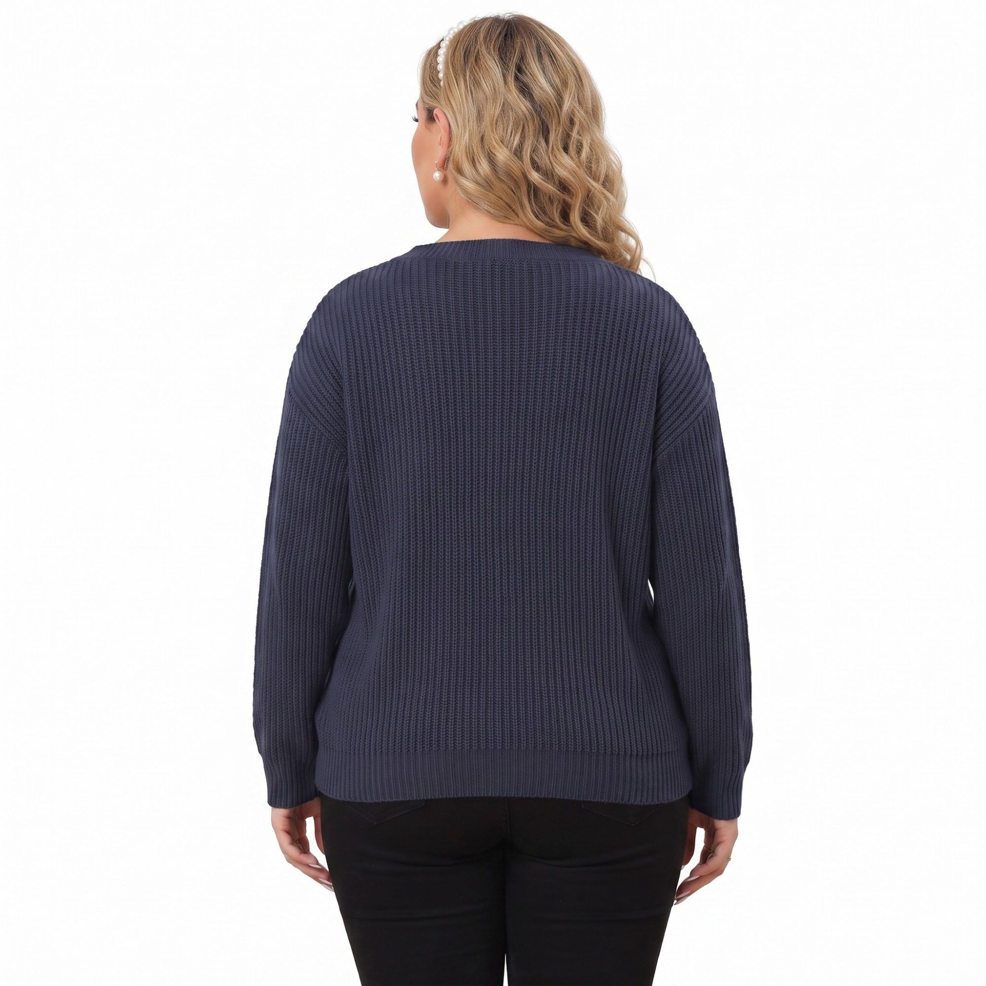 Plus Size Contrast Collar V-Neck Ribbed Sweater