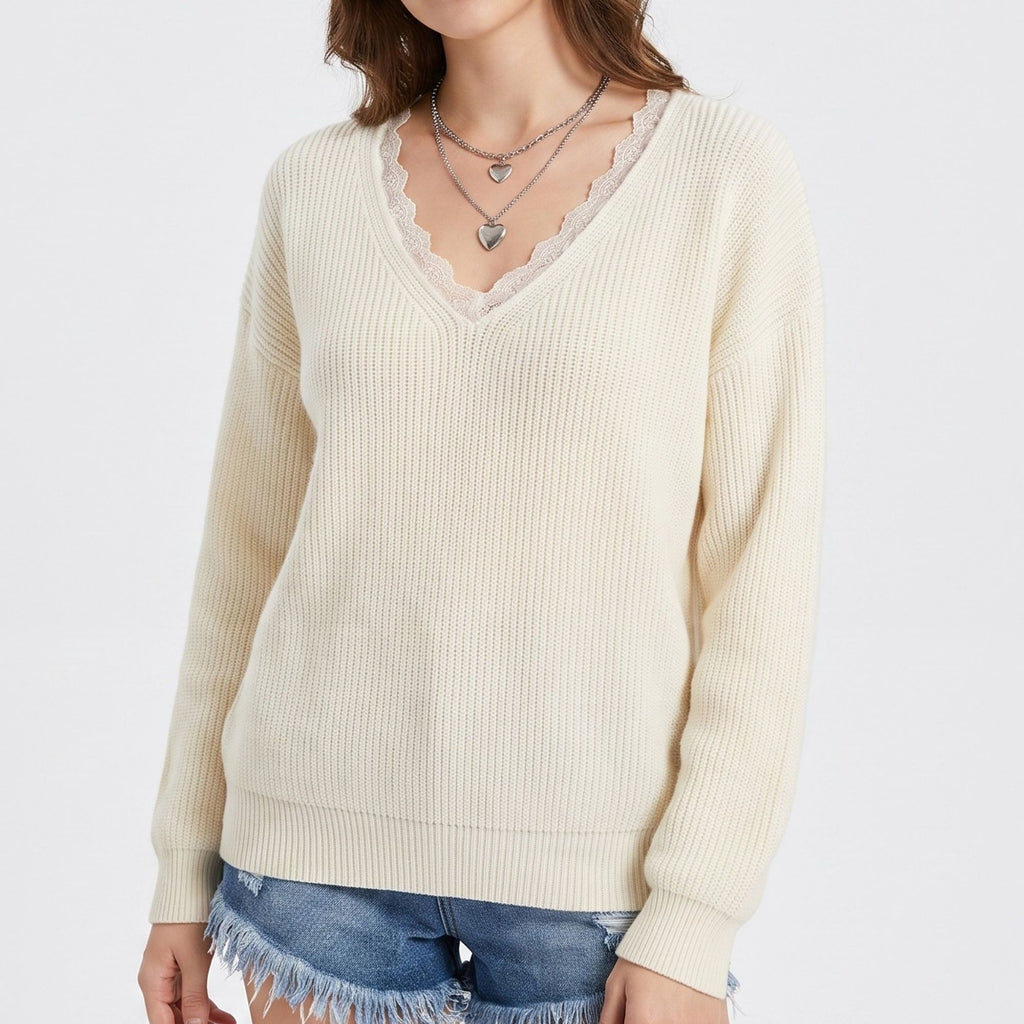 Lace Trim V Neck Long Sleeve Knit Pullover Sweater