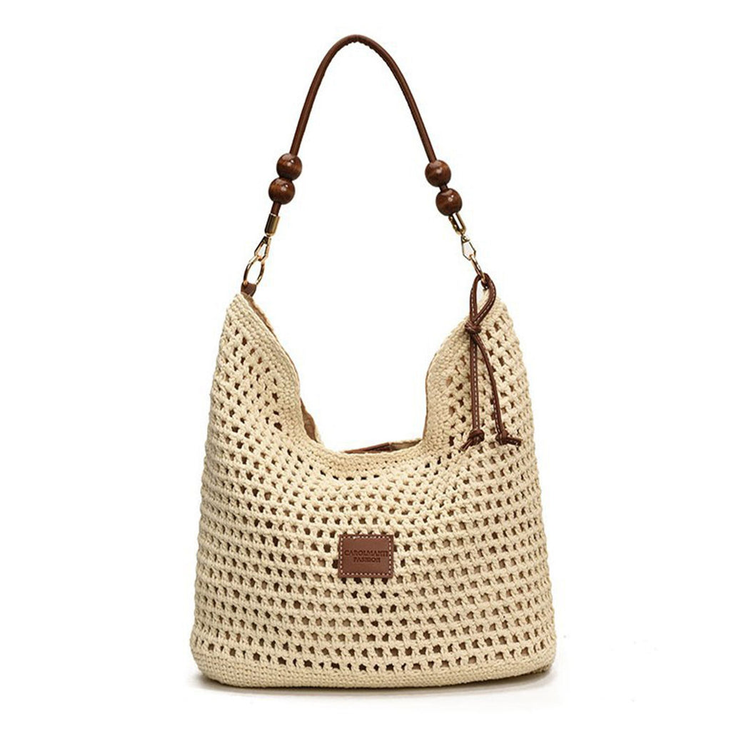 Crochet Shoulder Bag with Wooden Bead Strap Knit Hobo Handbag Lined Casual Everyday Tote