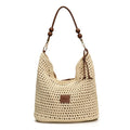 Crochet Shoulder Bag with Wooden Bead Strap Knit Hobo Handbag Lined Casual Everyday Tote