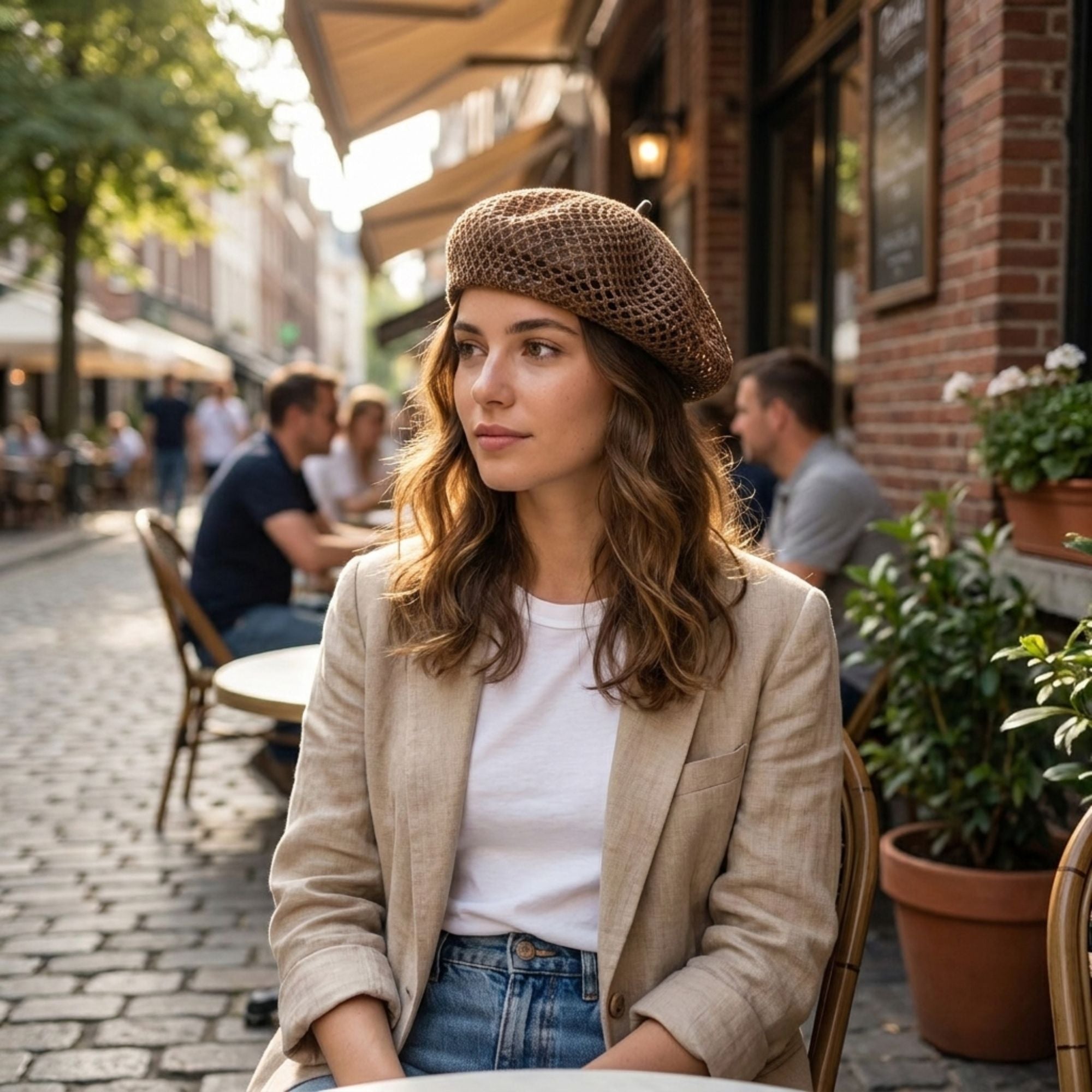 Open Knit Beret Hat with Soft Slouchy Shape