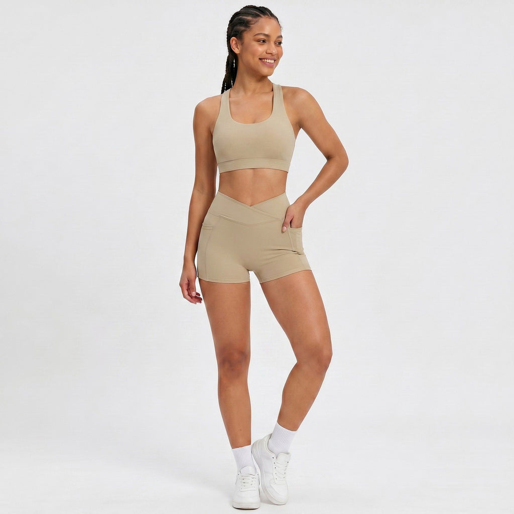 High Waist Crossover Waistband Pocket Workout Biker Shorts