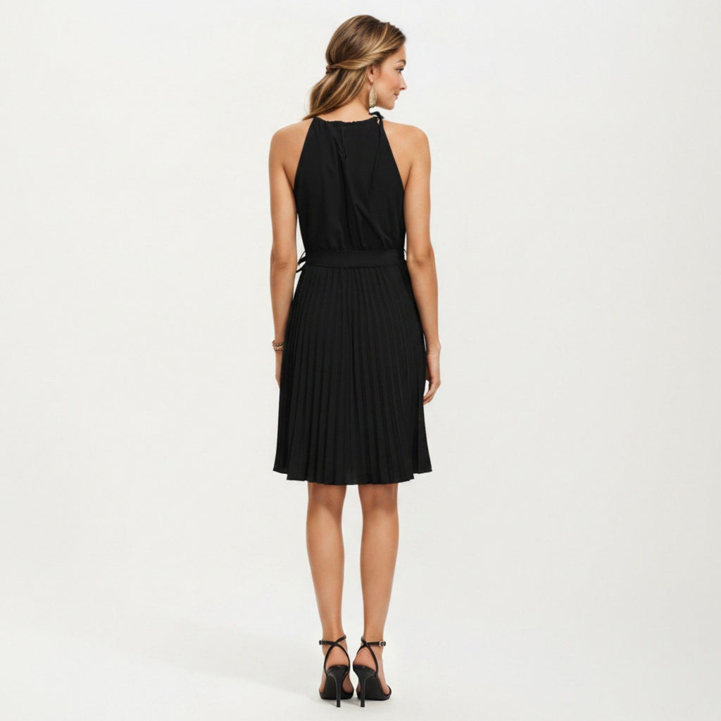 Anna-Kaci Women's Sleeveless Halter Midi Dress with Pleated Skirt and Waist Tie