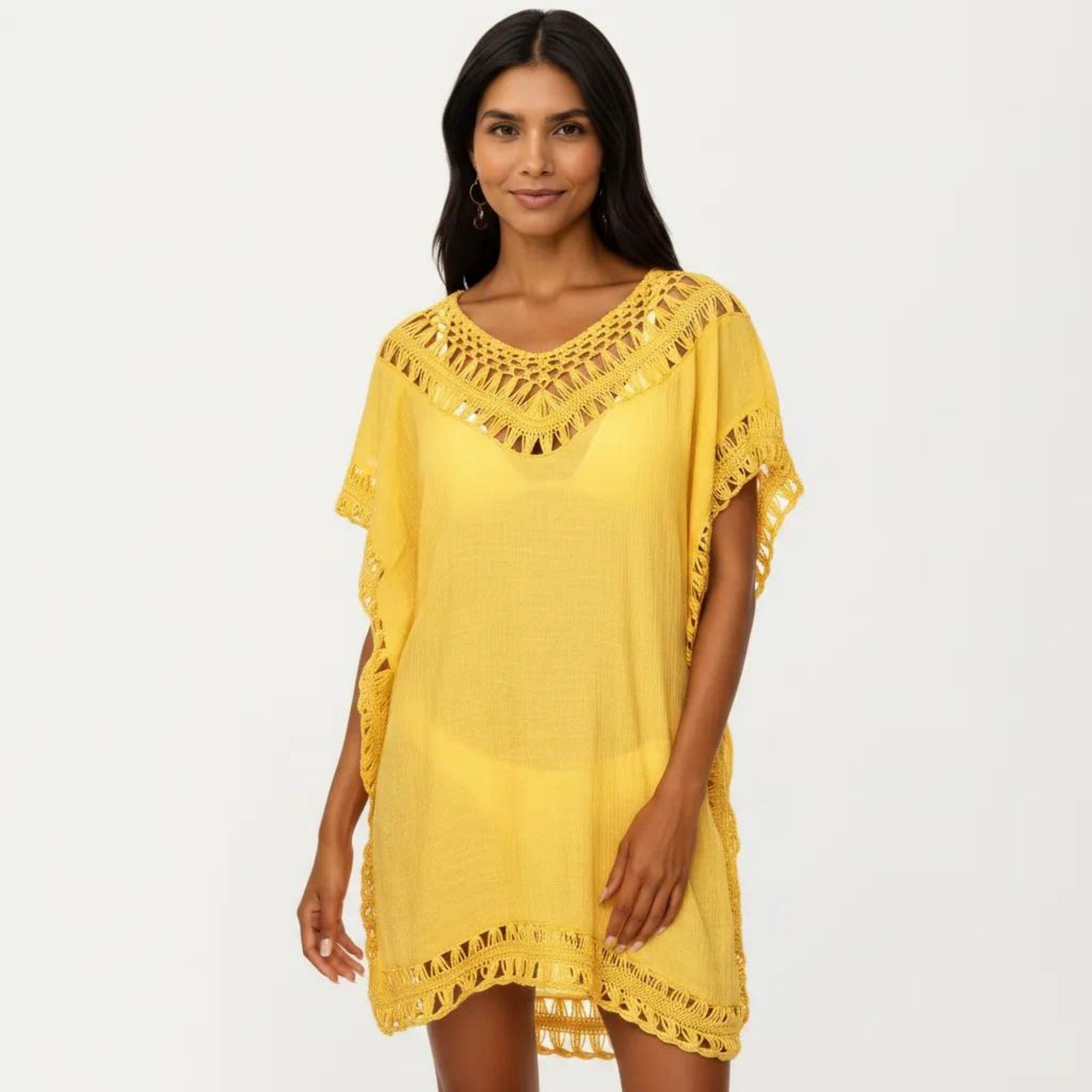 Anna-Kaci Women's Swim Cover Up Dress with Crochet Trim Short Sleeves Relaxed Lightweight Beach Caftan