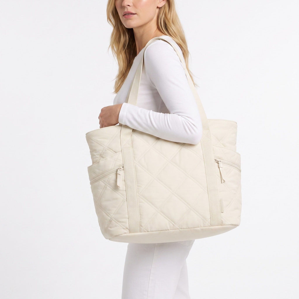 Oversized Quilted Tote Bag with Exterior Zip Pockets and Long Shoulder Straps 15.5x12.5x6.5in