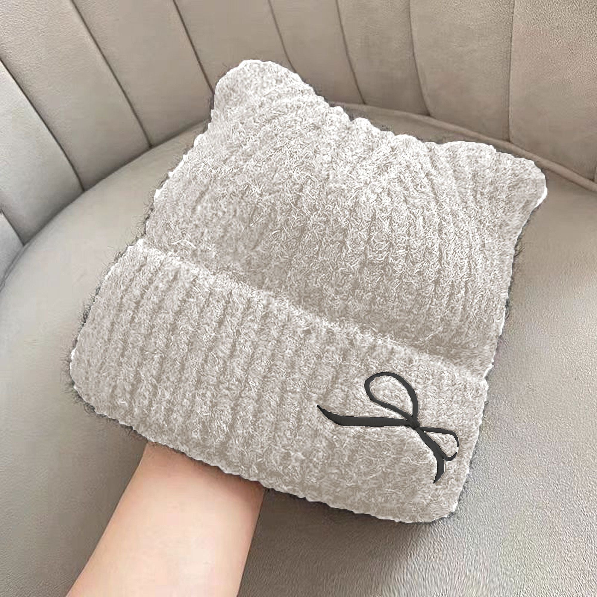 Anna-Kaci Women's Cat Ear Knit Beanie - Fluffy Faux Fur Hat with Bow Embroidery