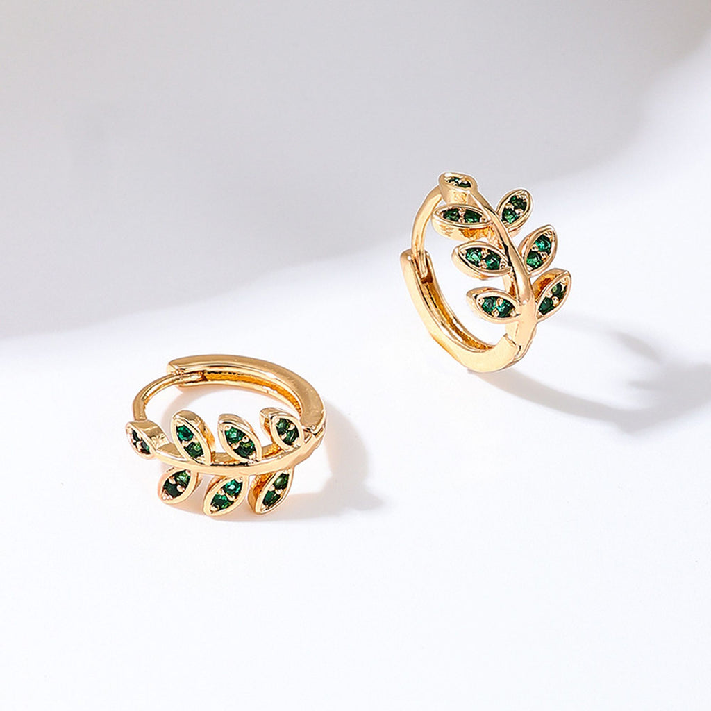 Women's Leaf - Shaped Hoop Earrings with Green Crystals