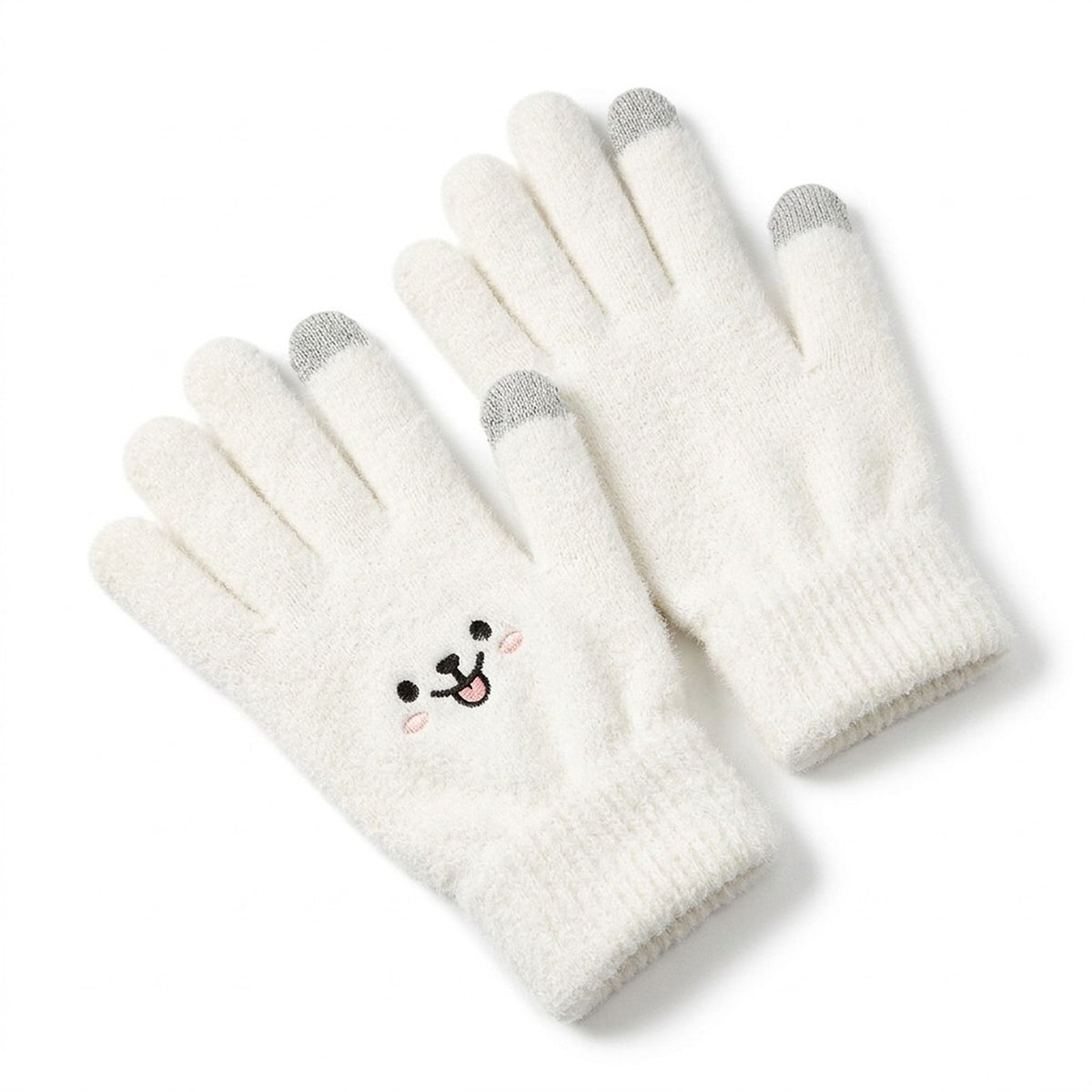 Fuzzy Knit Touchscreen Gloves with Embroidered Smiley Face