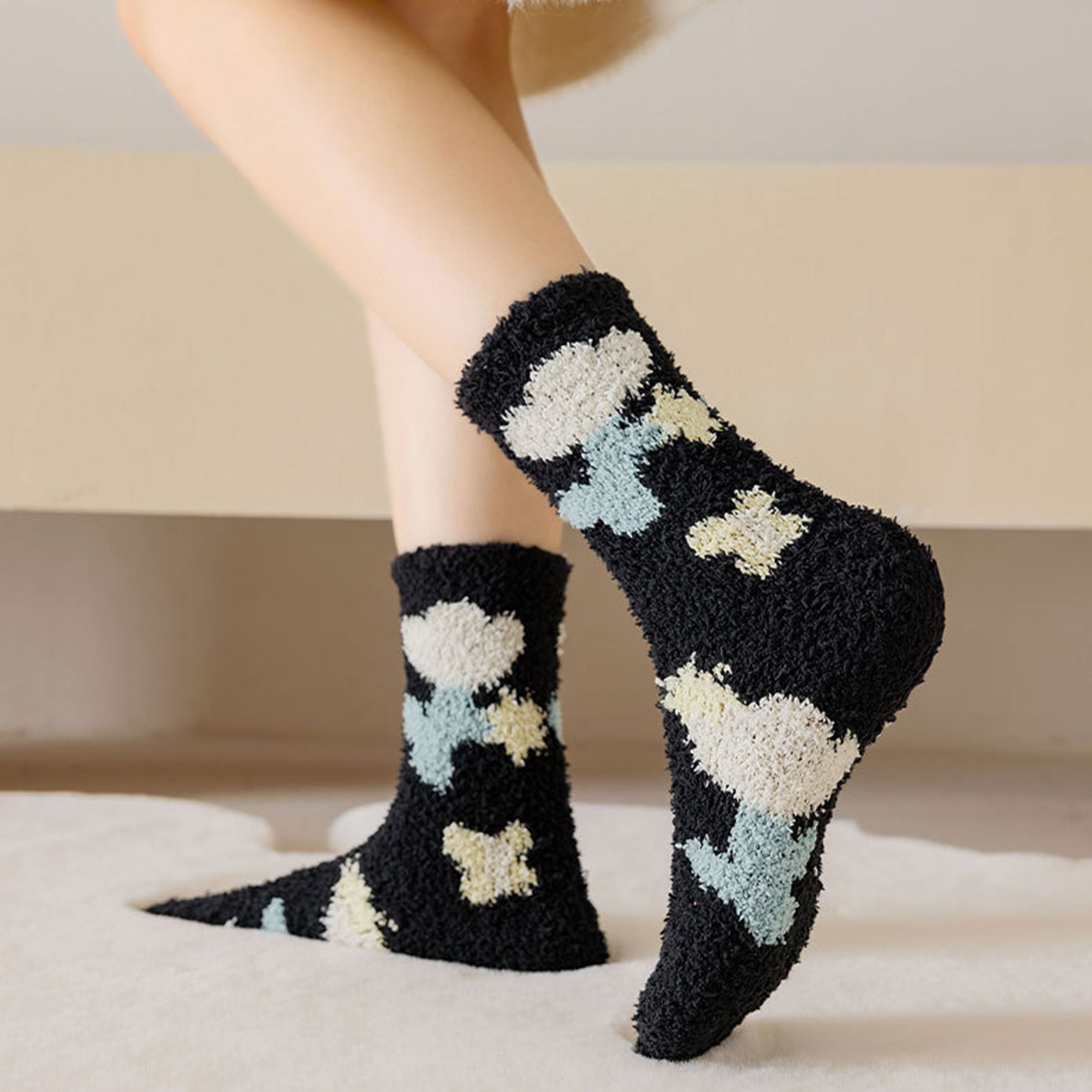 Anna-Kaci 3-Pair Fuzzy Floral Print Lounge Socks with Soft Texture and Cozy Fit
