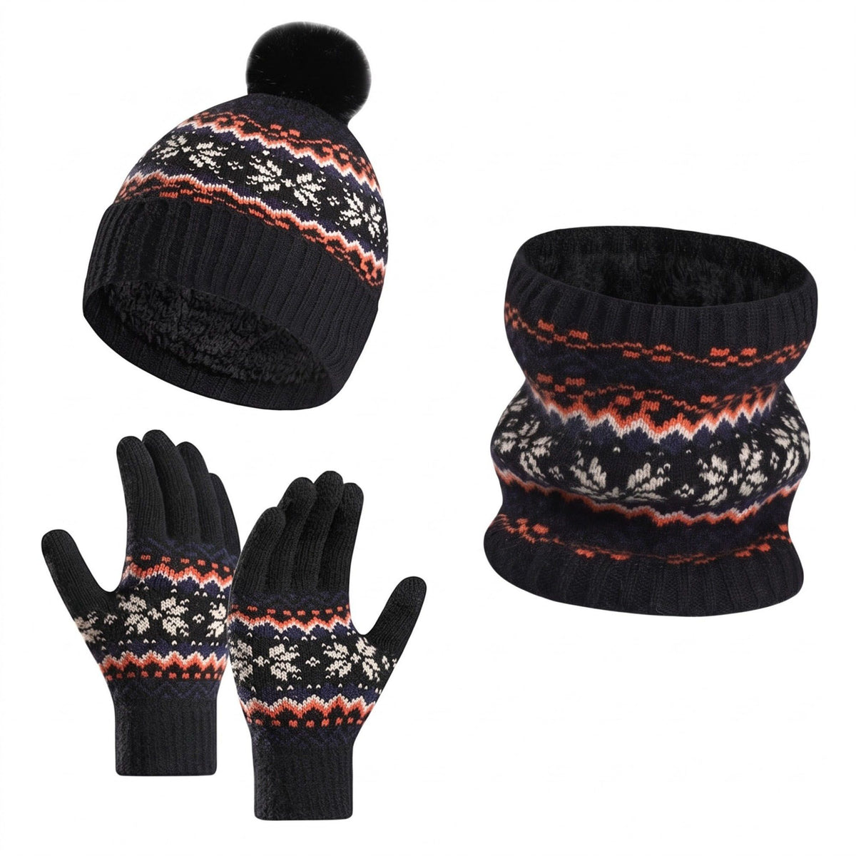 3 Piece Fair Isle Pom Beanie Neck Warmer and Gloves Set