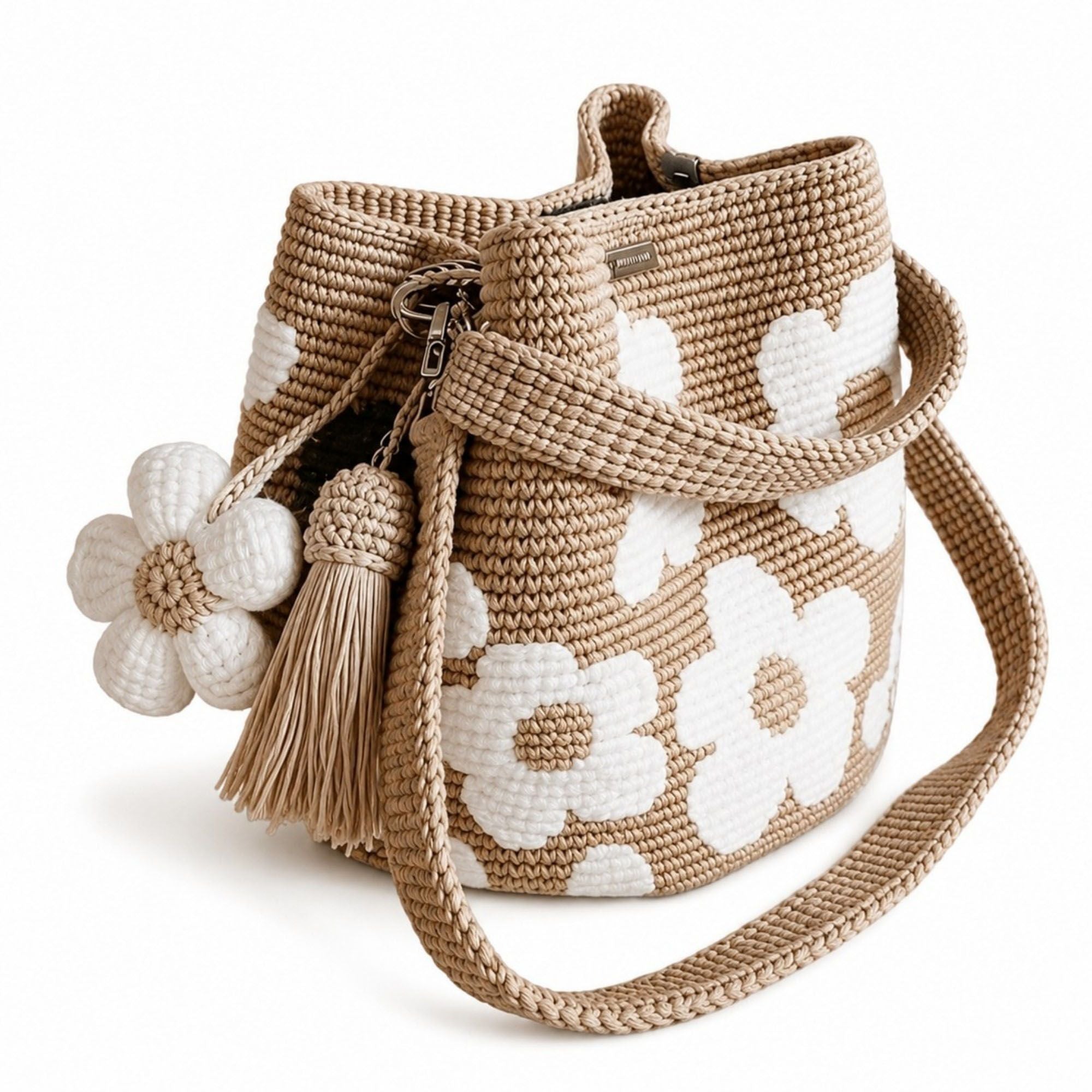 Crochet Floral Bucket Bag with Tassel Charm and Shoulder Strap