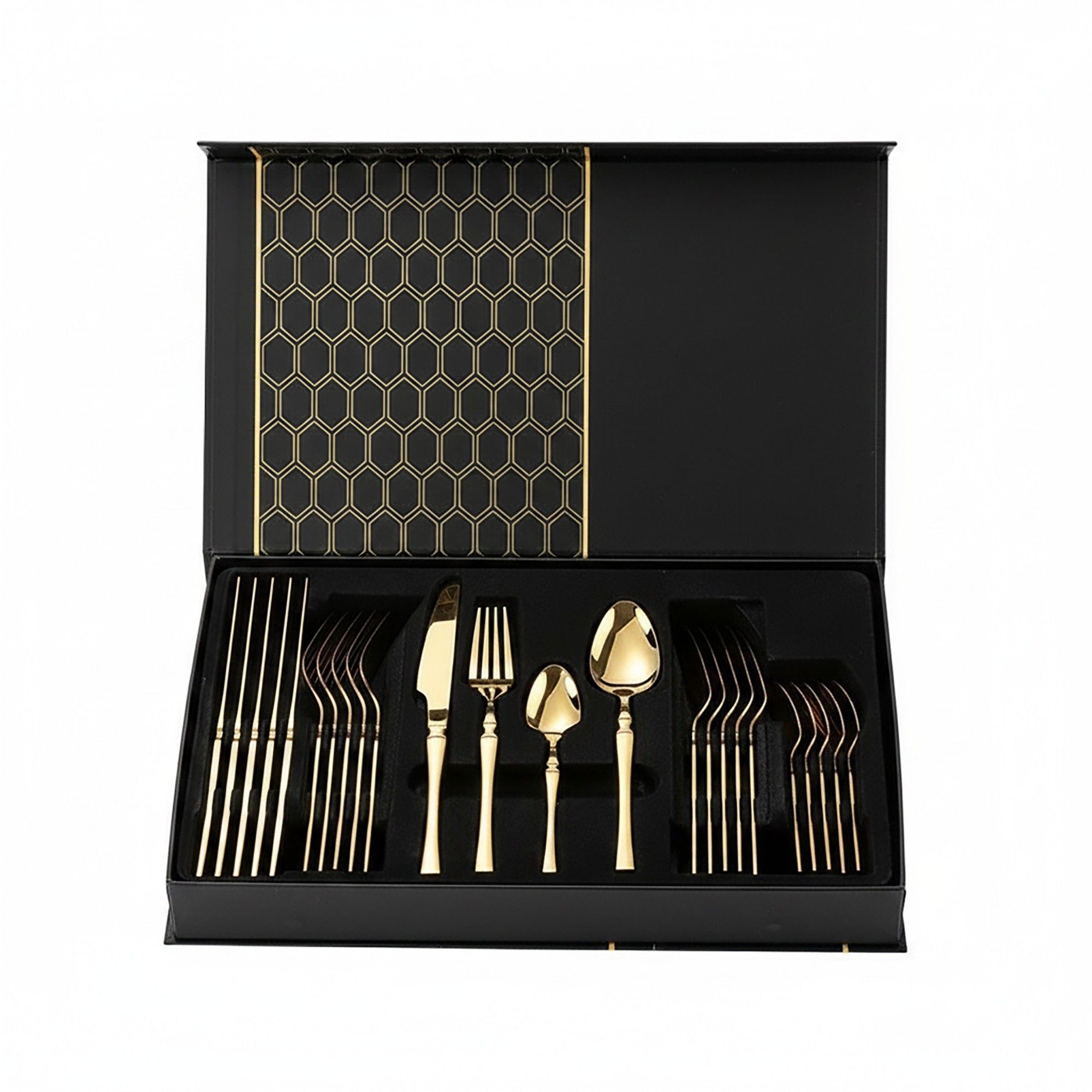 24 Piece Flatware Set Gold Tone Stainless Steel Cutlery Set Service for 6 Mirror Finish Utensil Set with Gift Storage Box