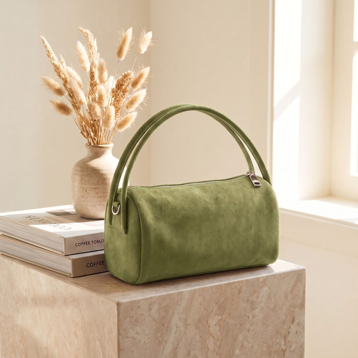 Faux Suede Handbag with Detachable Crossbody Strap and Zipper Closure
