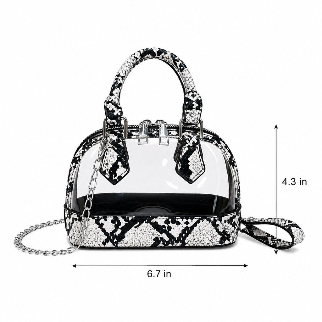Clear PVC Mini Crossbody Satchel Bag with Print Trim and Chain Strap